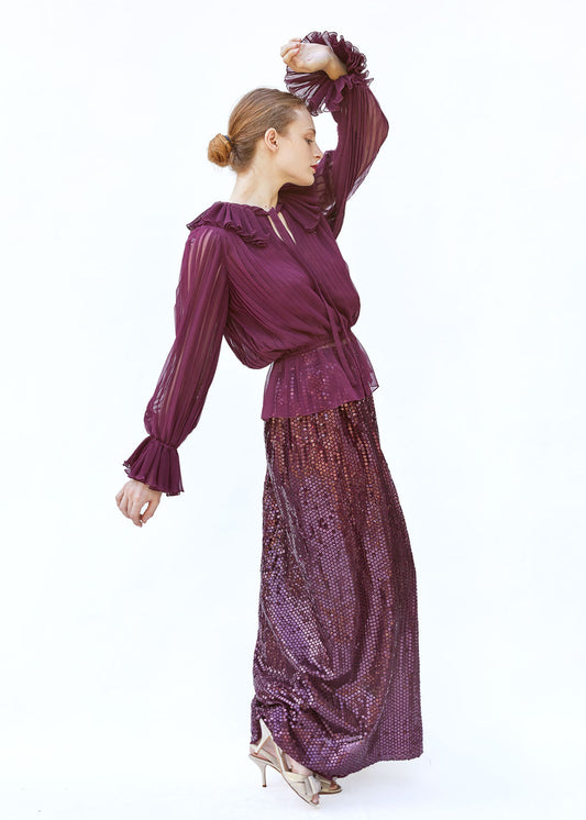 Oscar De La Renta Burgundy Sequin Skirt & Pleated Peplum Blouse Set - The Kit Vintage