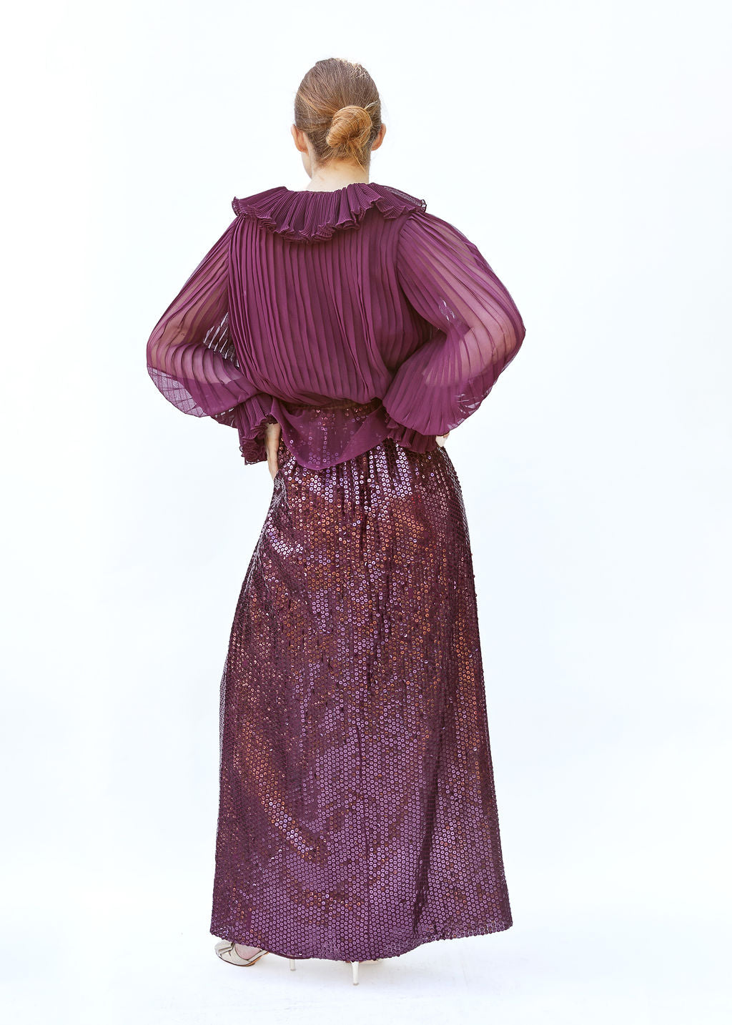 Oscar De La Renta Burgundy Sequin Skirt & Pleated Peplum Blouse Set - The Kit Vintage