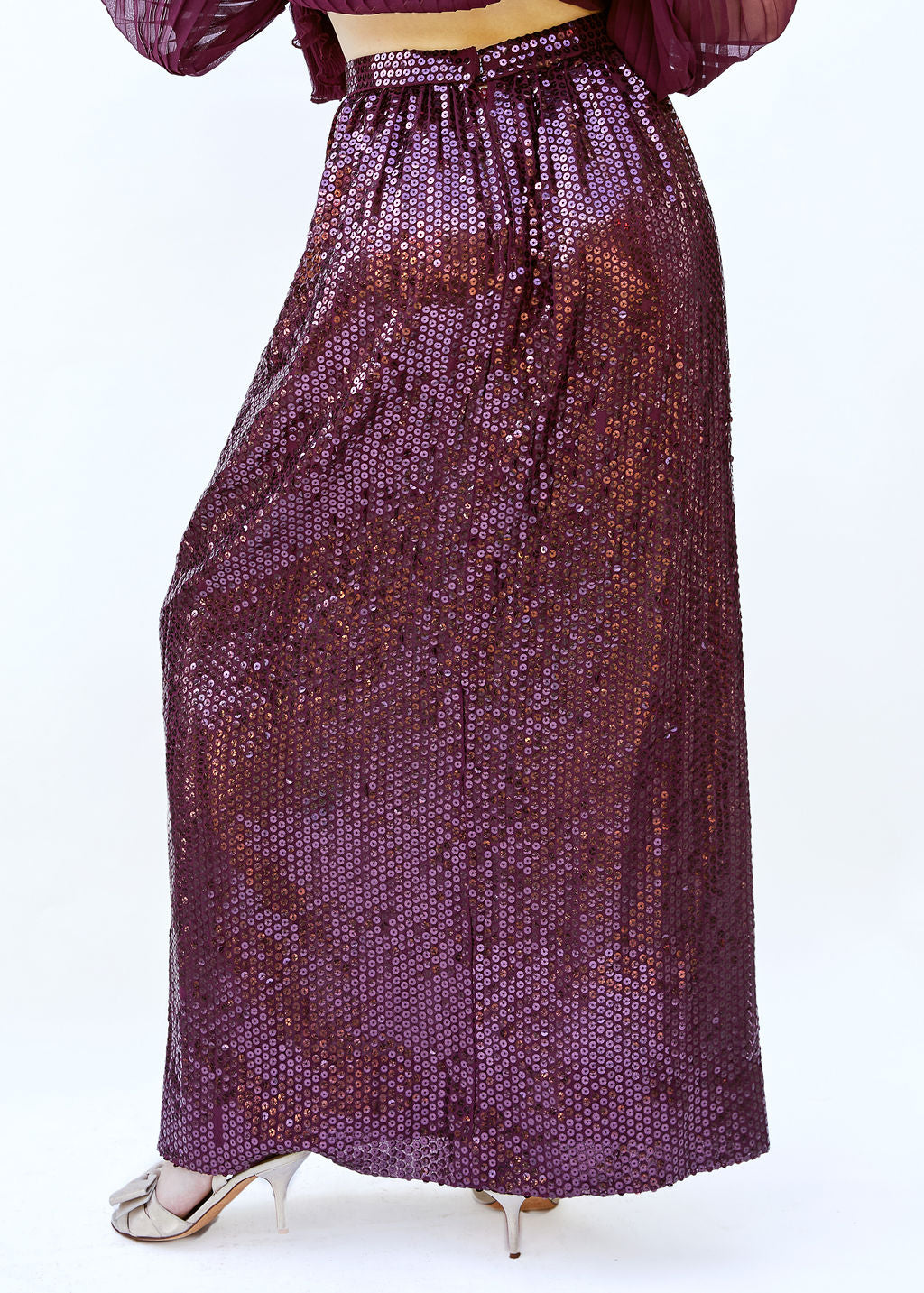 Oscar De La Renta Burgundy Sequin Skirt & Pleated Peplum Blouse Set - The Kit Vintage
