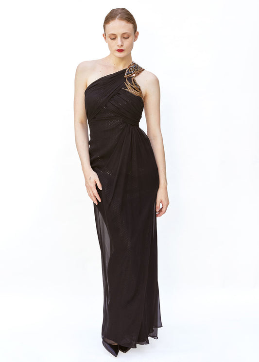 Bob Mackie 1980s One Shoulder Beaded Gown With Sequin Lining - The Kit Vintage