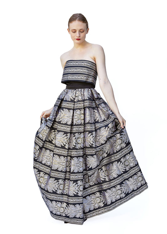 Pauline Trigere Brocade strapless Gold/Black Gown With Shawl Included - The Kit Vintage