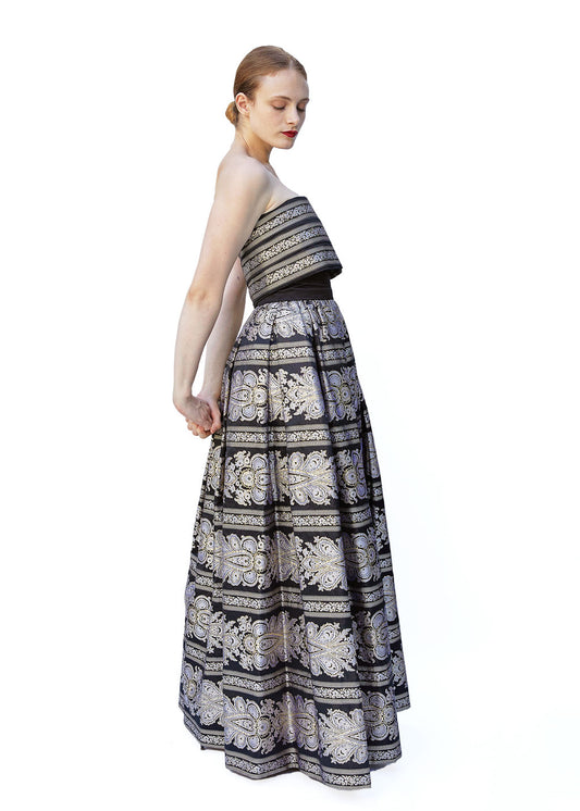 Pauline Trigere Brocade strapless Gold/Black Gown With Shawl Included - The Kit Vintage