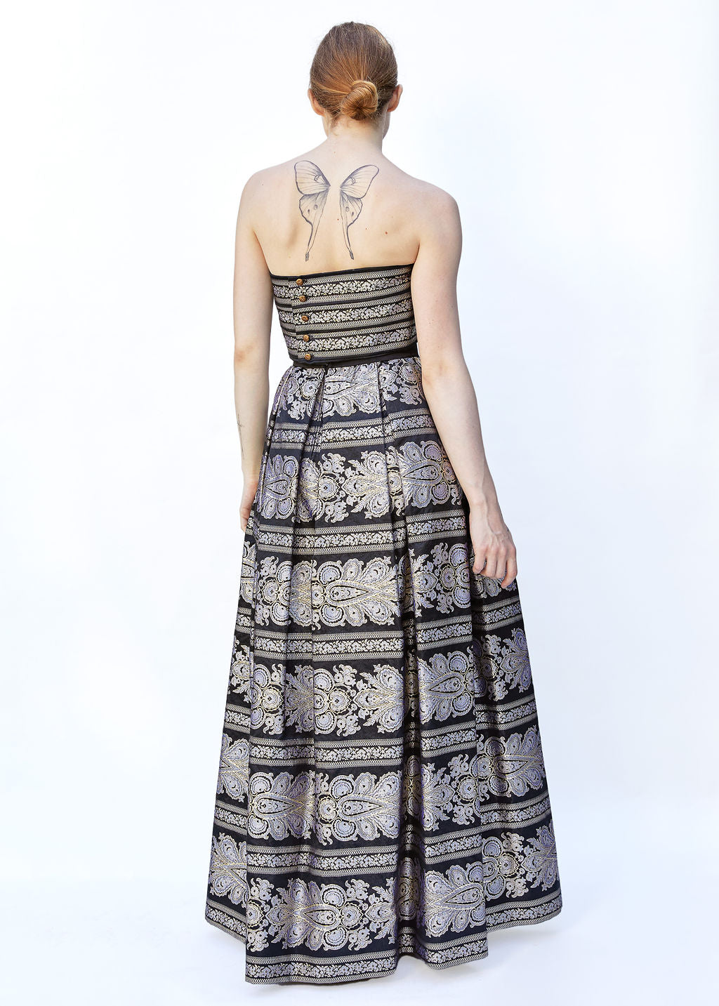 Pauline Trigere Brocade strapless Gold/Black Gown With Shawl Included - The Kit Vintage