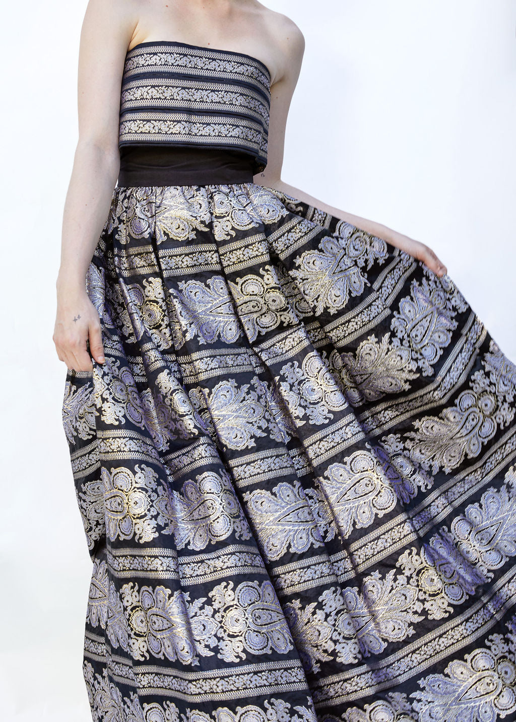Pauline Trigere Brocade strapless Gold/Black Gown With Shawl Included - The Kit Vintage