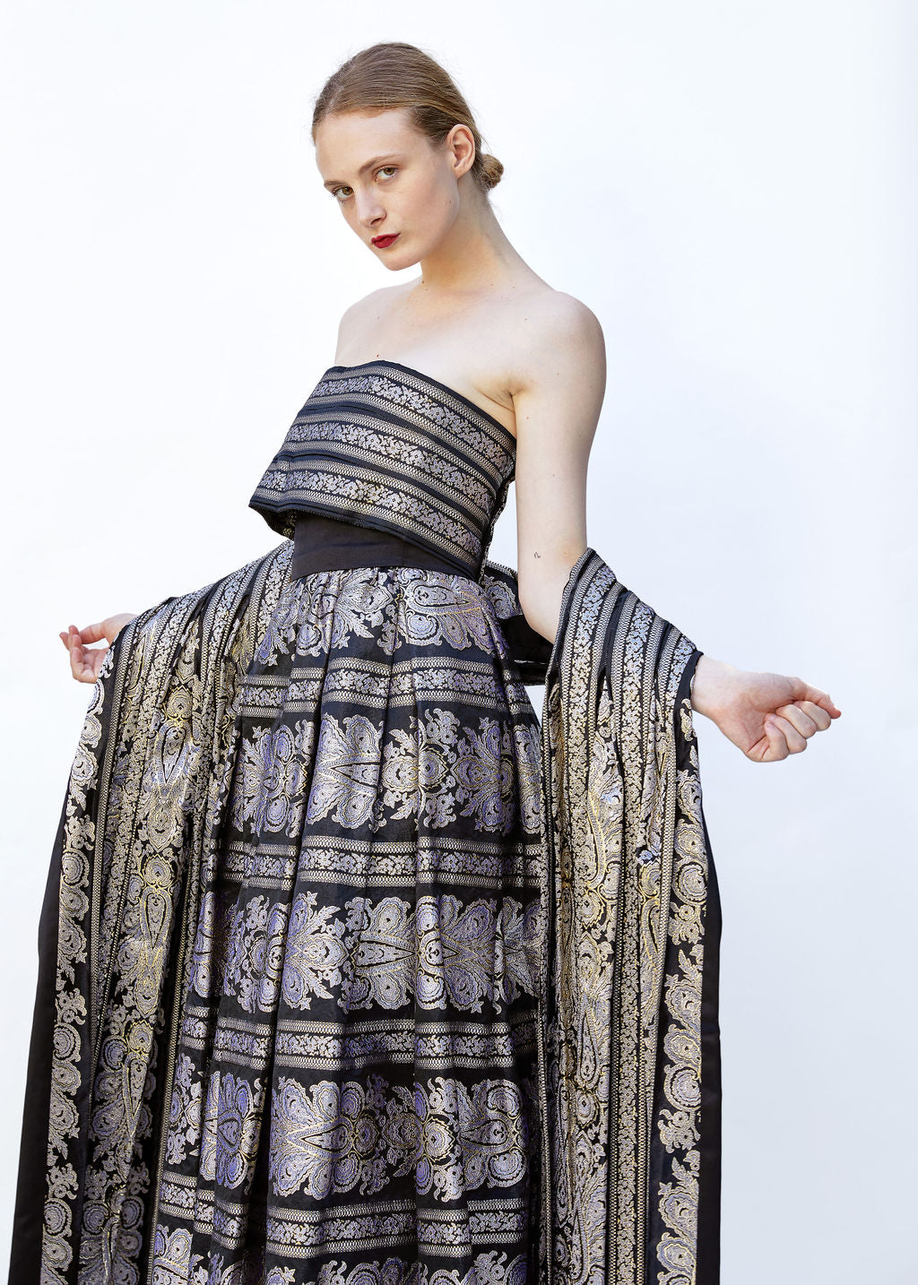 Pauline Trigere Brocade strapless Gold/Black Gown With Shawl Included - The Kit Vintage