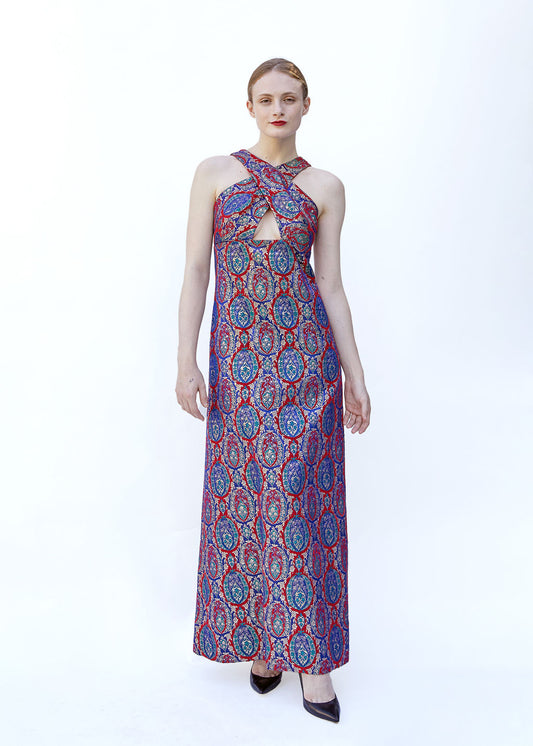 Mr Blackwell Custom 1960's Red and Purple Brocade Gown - The Kit Vintage