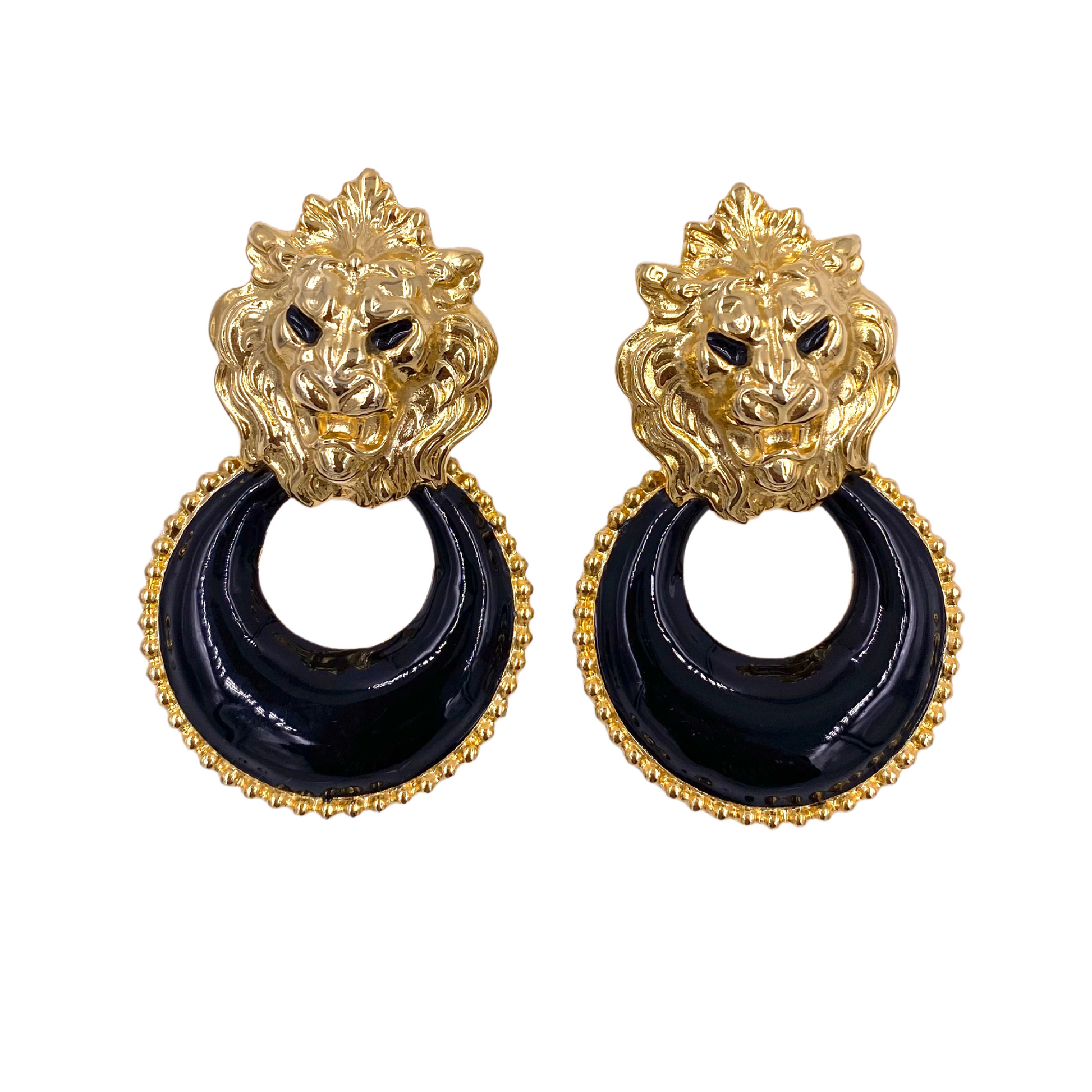 Lion Gold Doorknockers with Black Enamel Hoop - The Kit Vintage