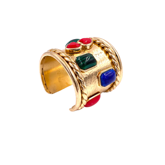 Christian Lacroix Gold Cuff with Green/red/blue Glass Stones - The Kit Vintage