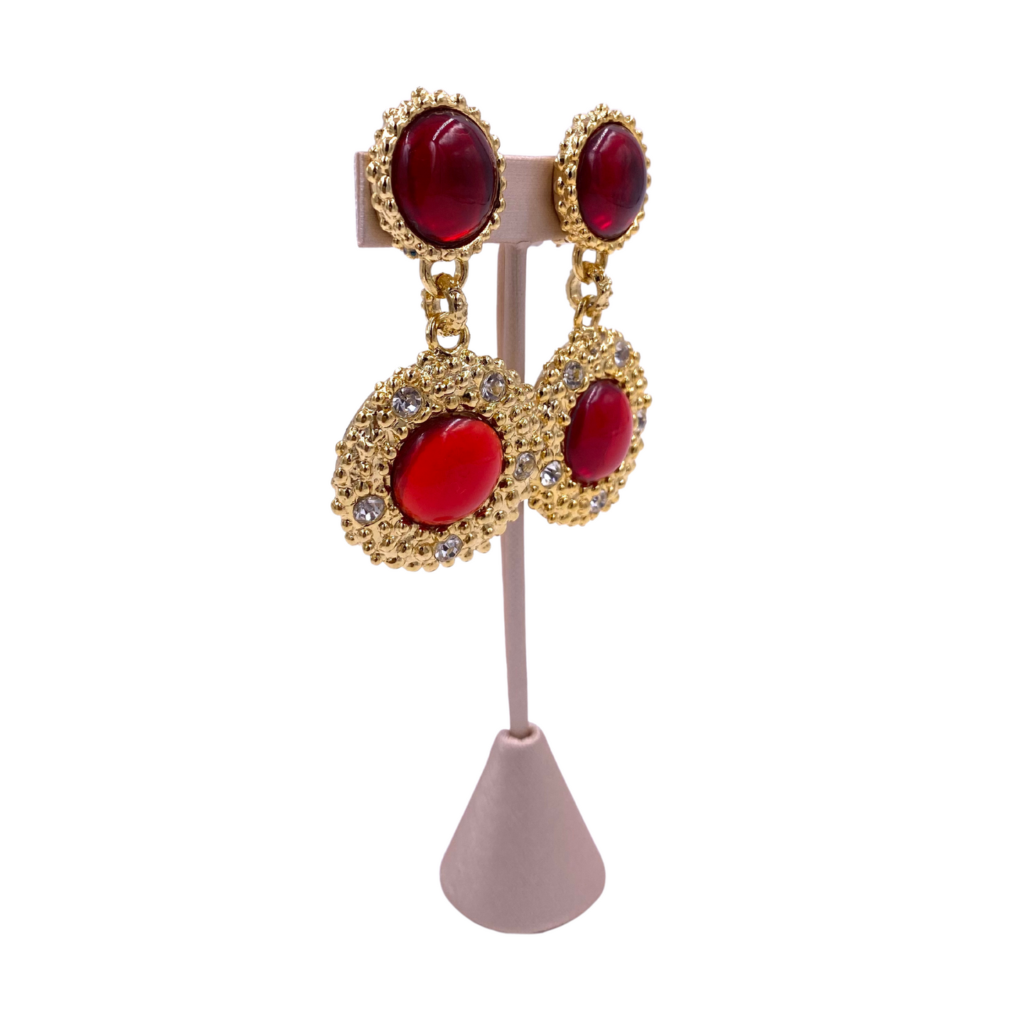 French Red Stone Drop Earrings with Crystals - The Kit Vintage