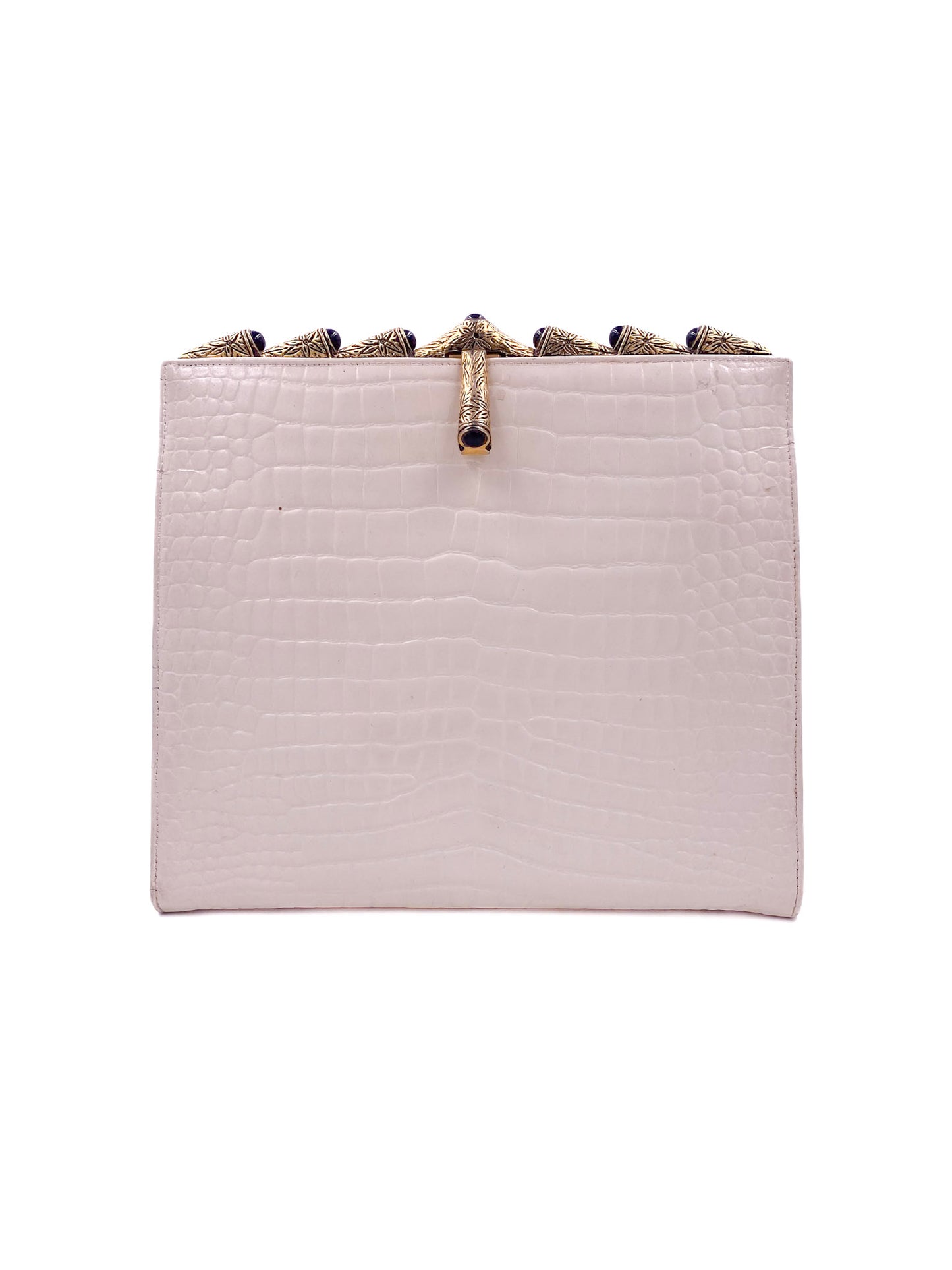 Susan Grail beige crocodile bag with gold engraved clasp and black stones