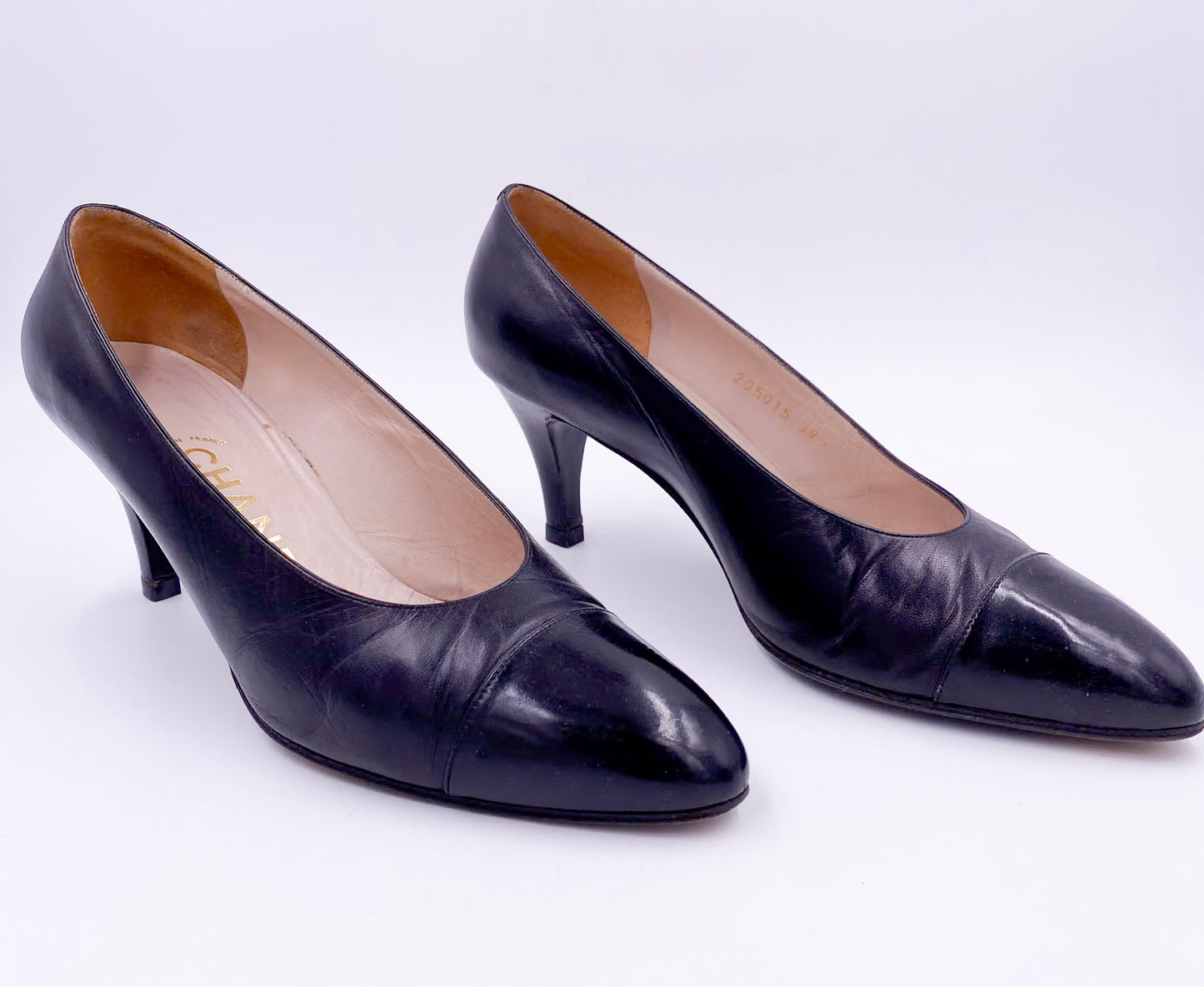 Chanel Pumps Black with Black Leather Toe 3/4 view