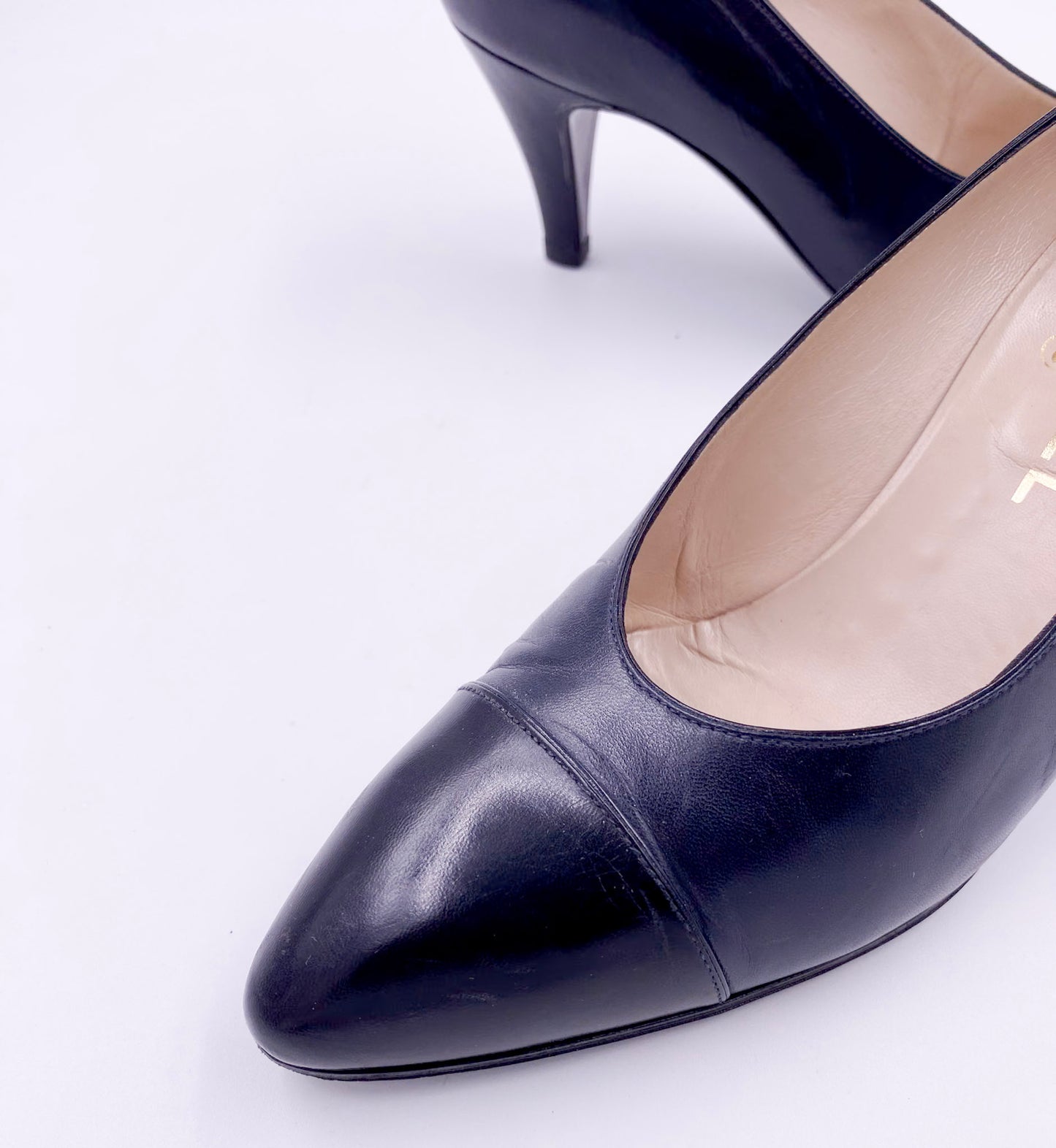 Chanel Pumps Black with Black Leather Toe toe close up view