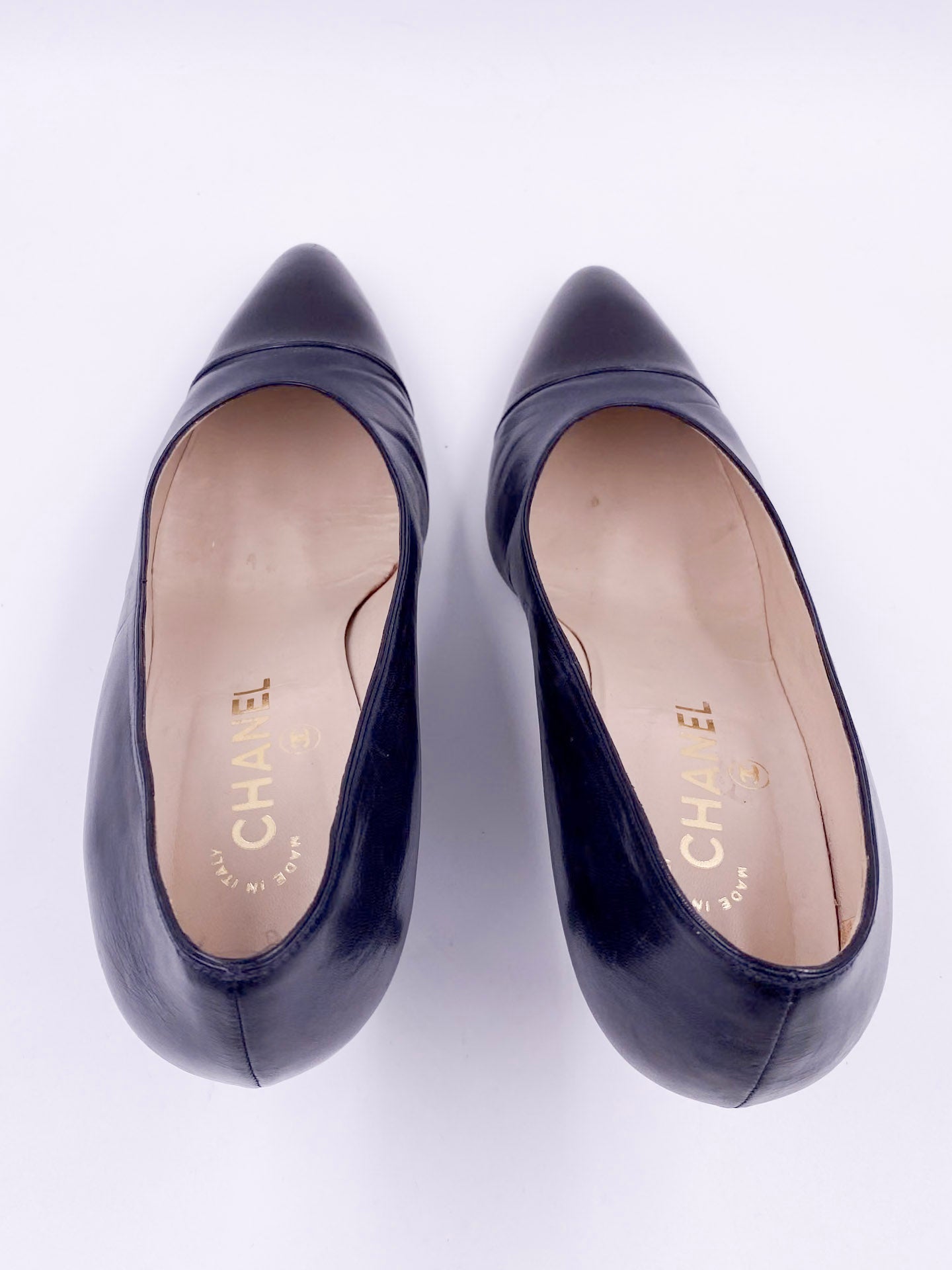 Vintage Black Leather Chanel Pumps with Black Leather Toe - The Kit Vintage
