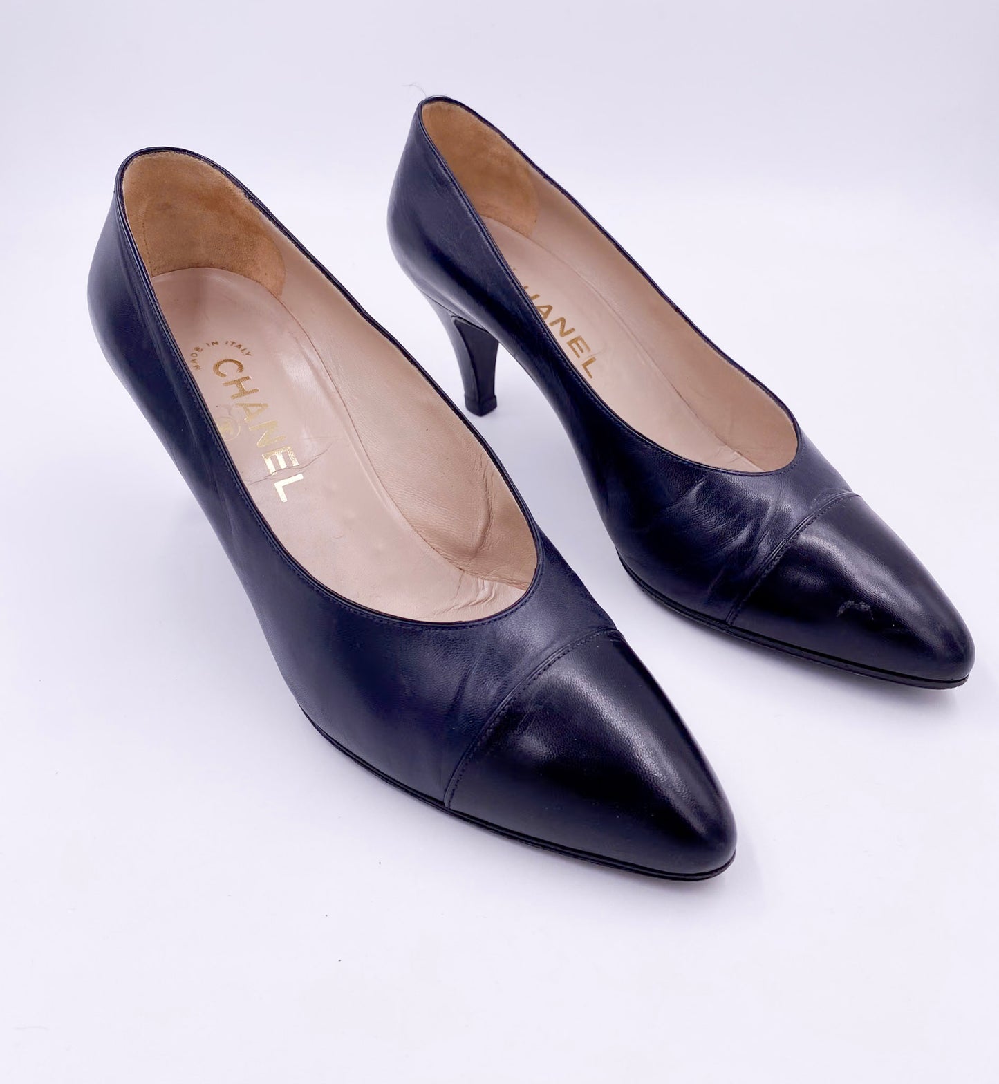 Chanel Pumps Black with Black Leather Toe 3/4 view