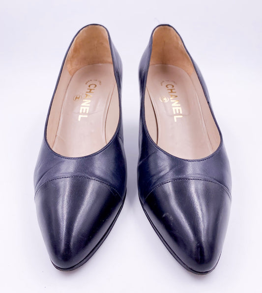 Vintage Black Leather Chanel Pumps with Black Leather Toe - The Kit Vintage