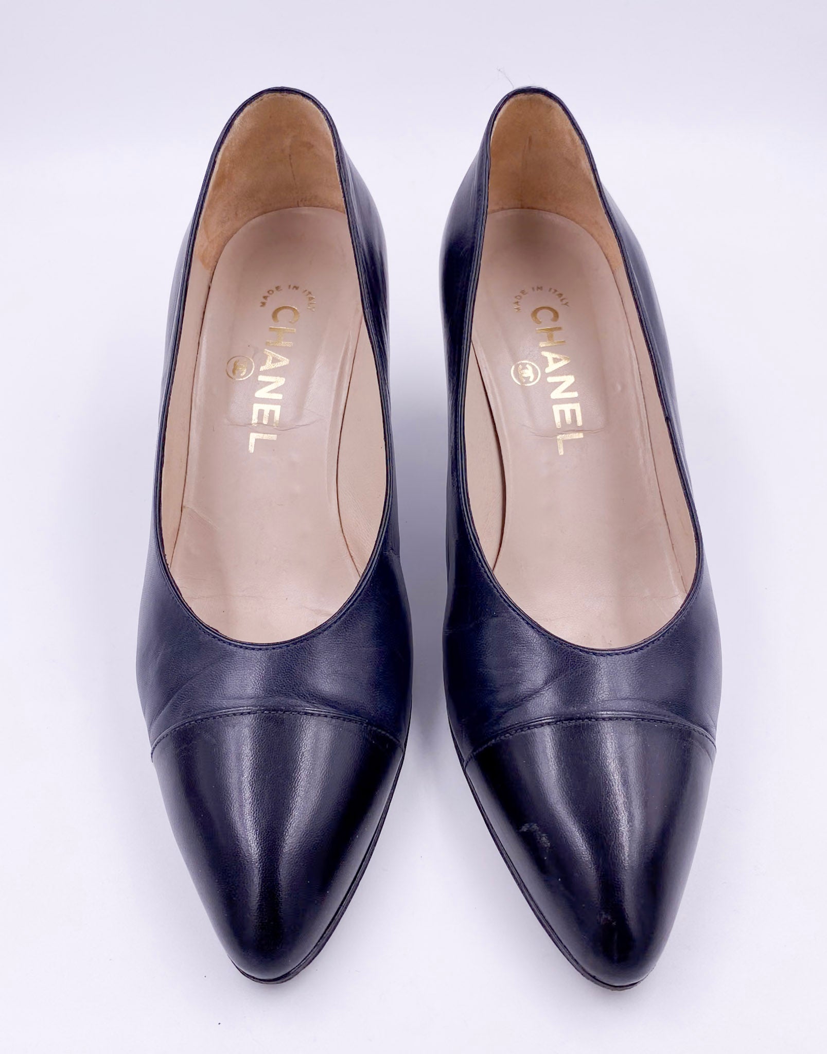 Vintage Black Leather Chanel Pumps with Black Leather Toe