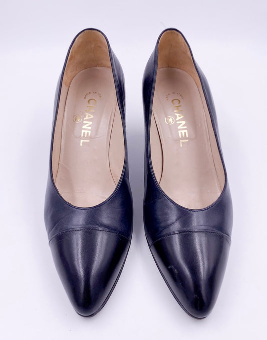 Vintage Black Leather Chanel Pumps with Black Leather Toe - The Kit Vintage