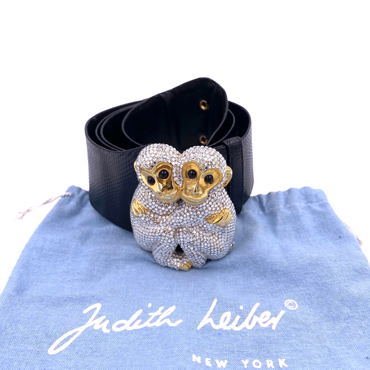 Judith Leiber Crystal Monkeys Buckle Black Lizard Belt