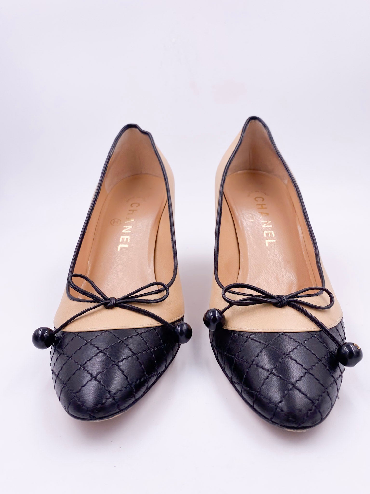 Chanel Beige Pump with Black Quilted Toe - The Kit Vintage
