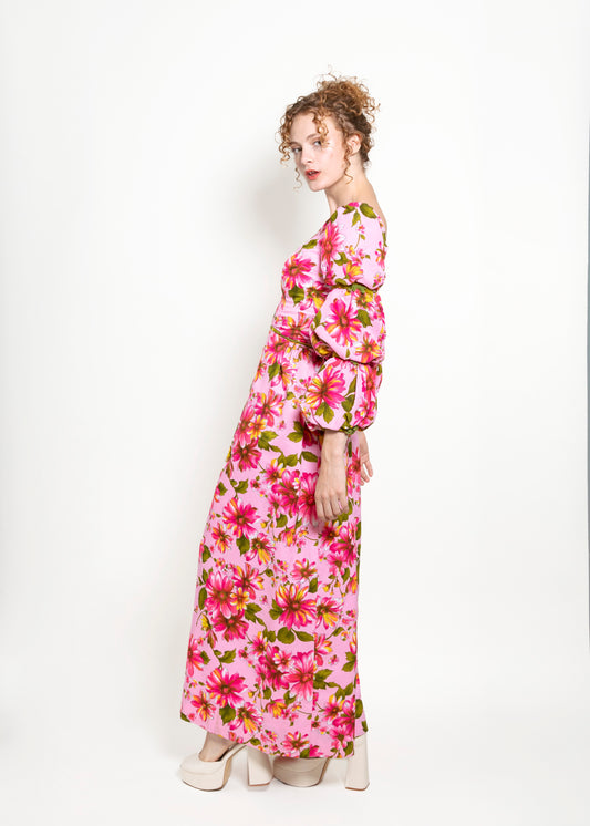 Vintage Pink Floral Ruched Sleeve Dress with Velvet Trim - The Kit Vintage