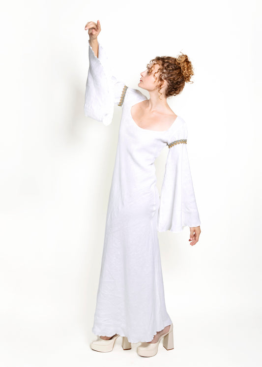 Jane Booke Linen Bell Sleeve Camelot Dress W/ Trim - The Kit Vintage