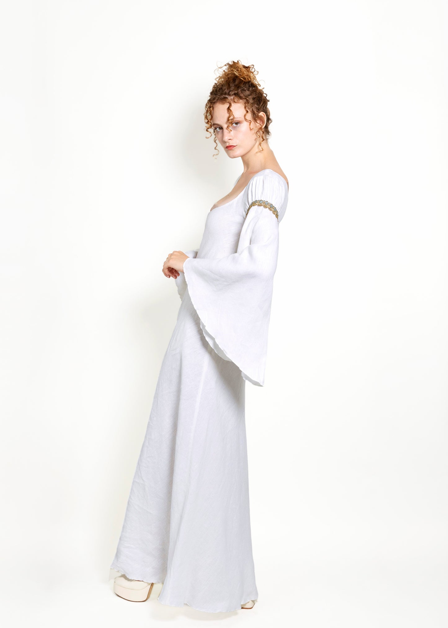 Jane Booke Linen Bell Sleeve Camelot Dress W/ Trim side view
