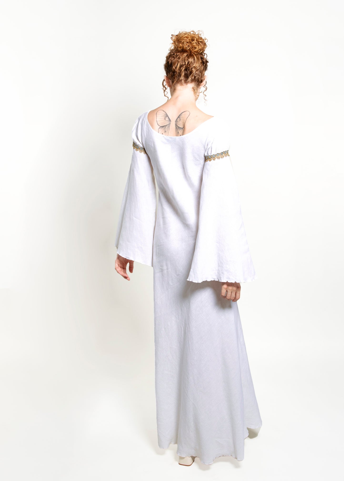 Jane Booke Linen Bell Sleeve Camelot Dress W/ Trim back view