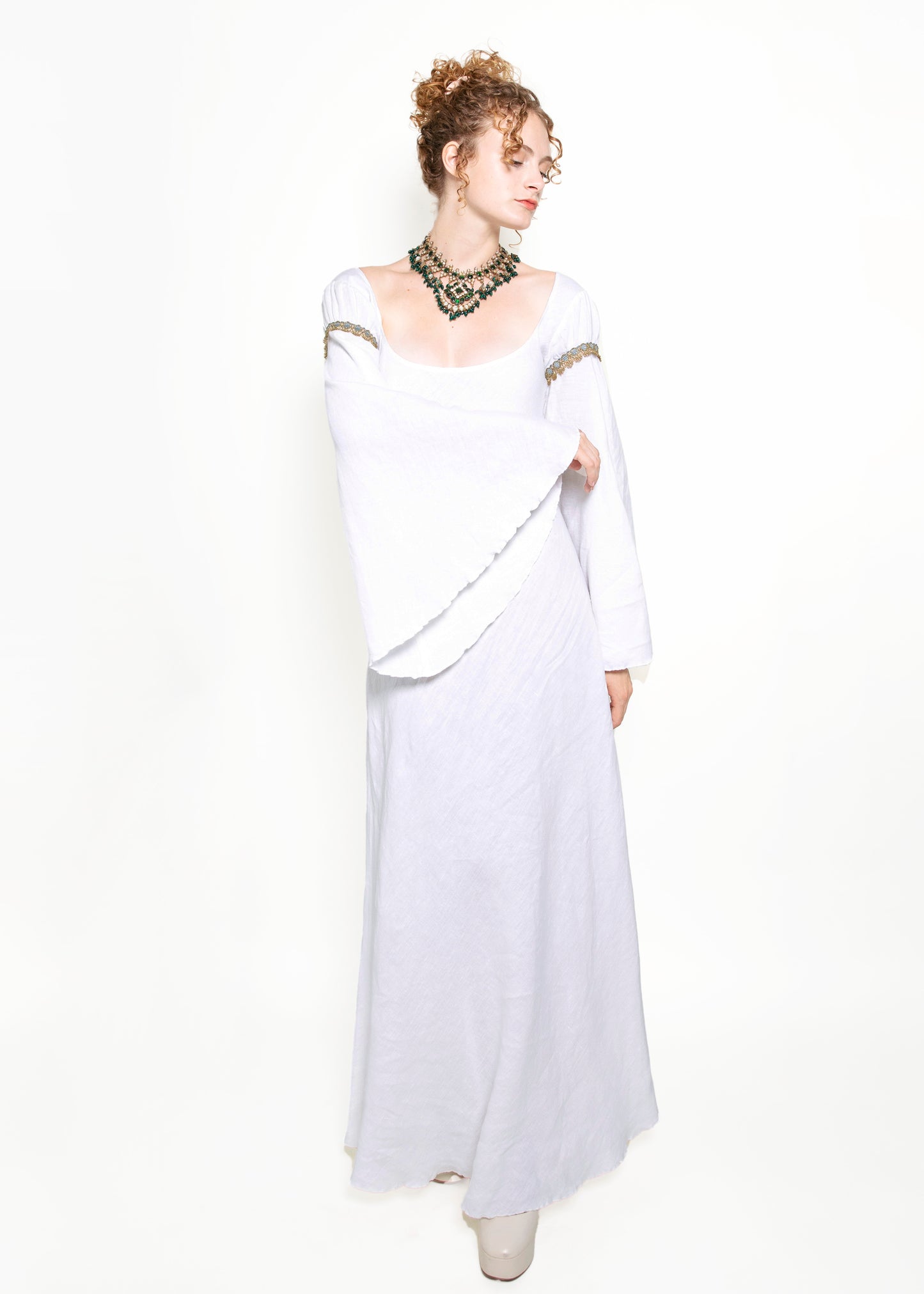 Jane Booke Linen Bell Sleeve Camelot Dress W/ Trim front view
