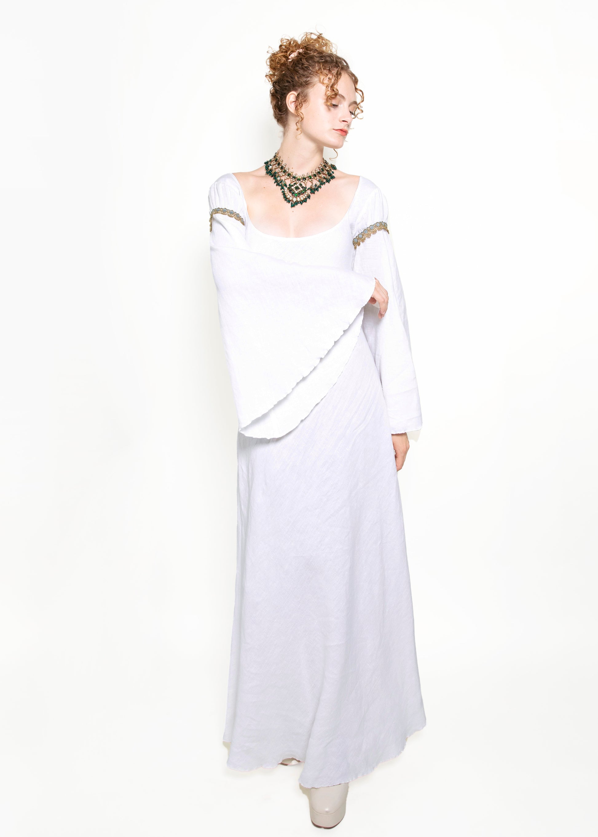 Jane Booke Linen Bell Sleeve Camelot Dress W/ Trim - The Kit Vintage