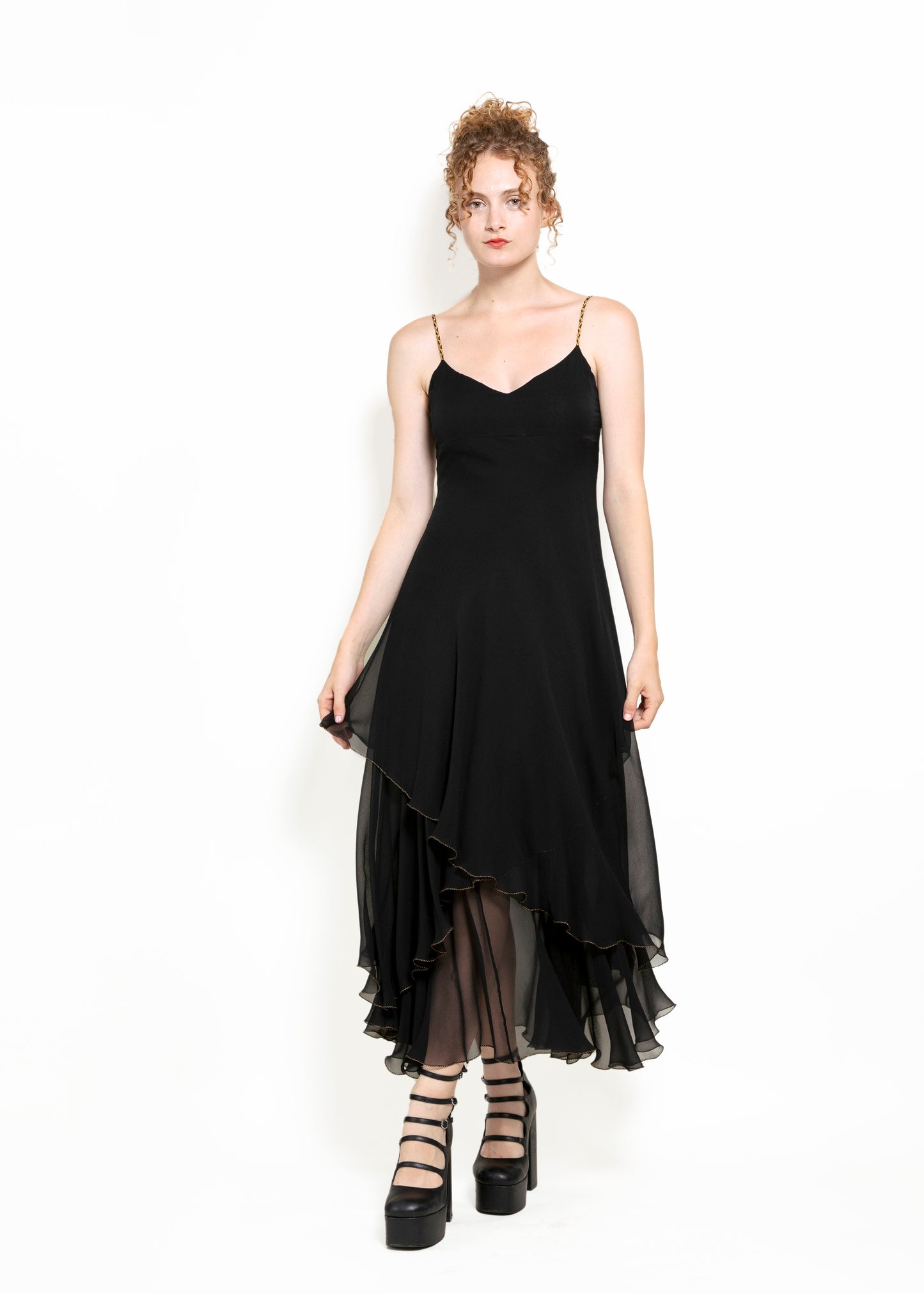 Ralph Lauren Black Silk Chiffon Dress With Gold Braided Straps