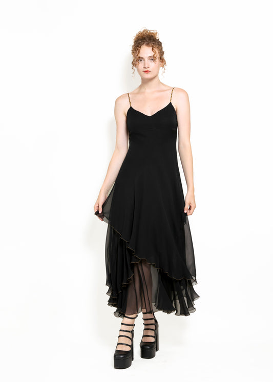 Ralph Lauren Black Silk Chiffon Dress With Gold Braided Straps - The Kit Vintage