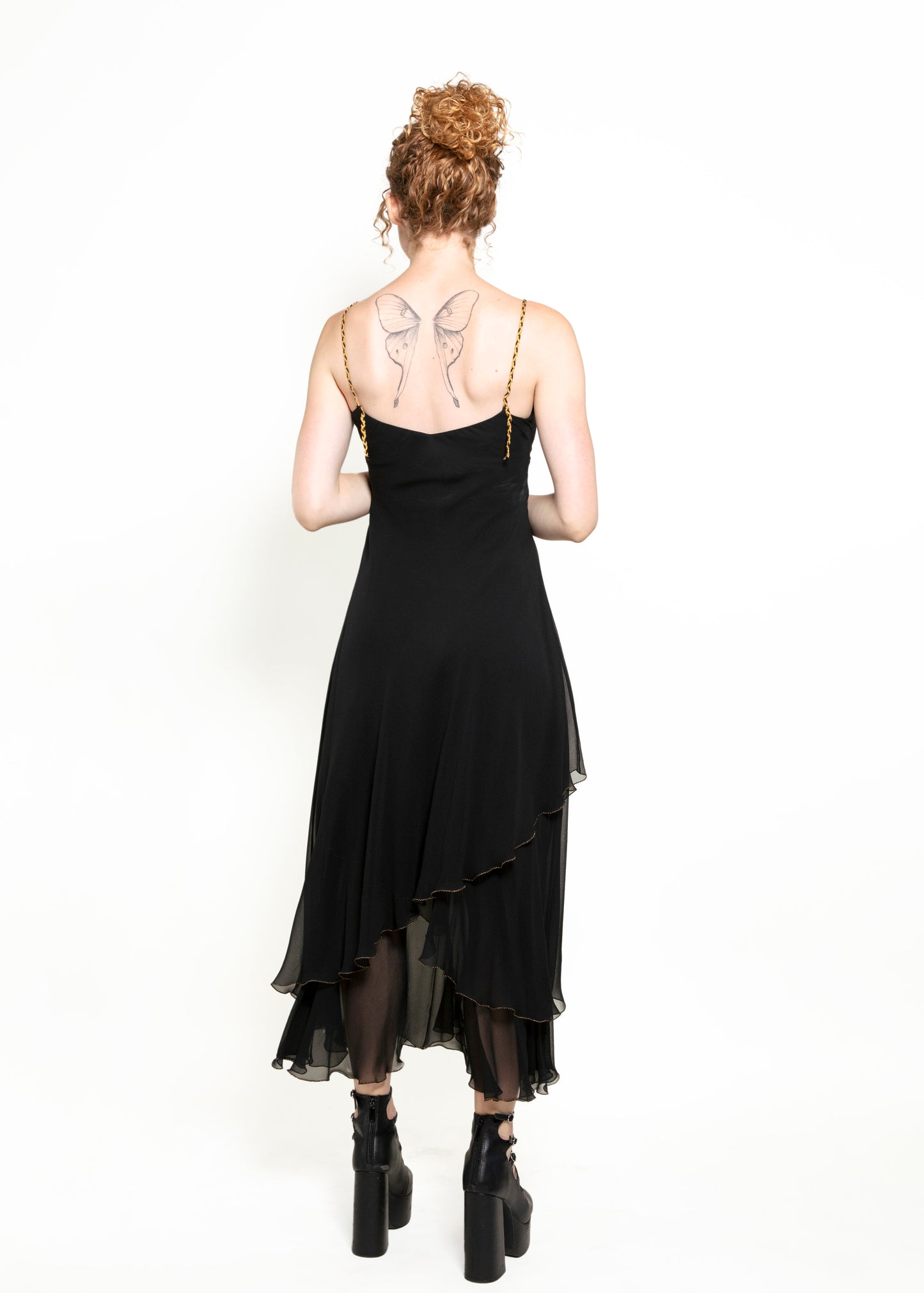 Ralph Lauren Black Silk Chiffon Dress With Gold Braided Straps