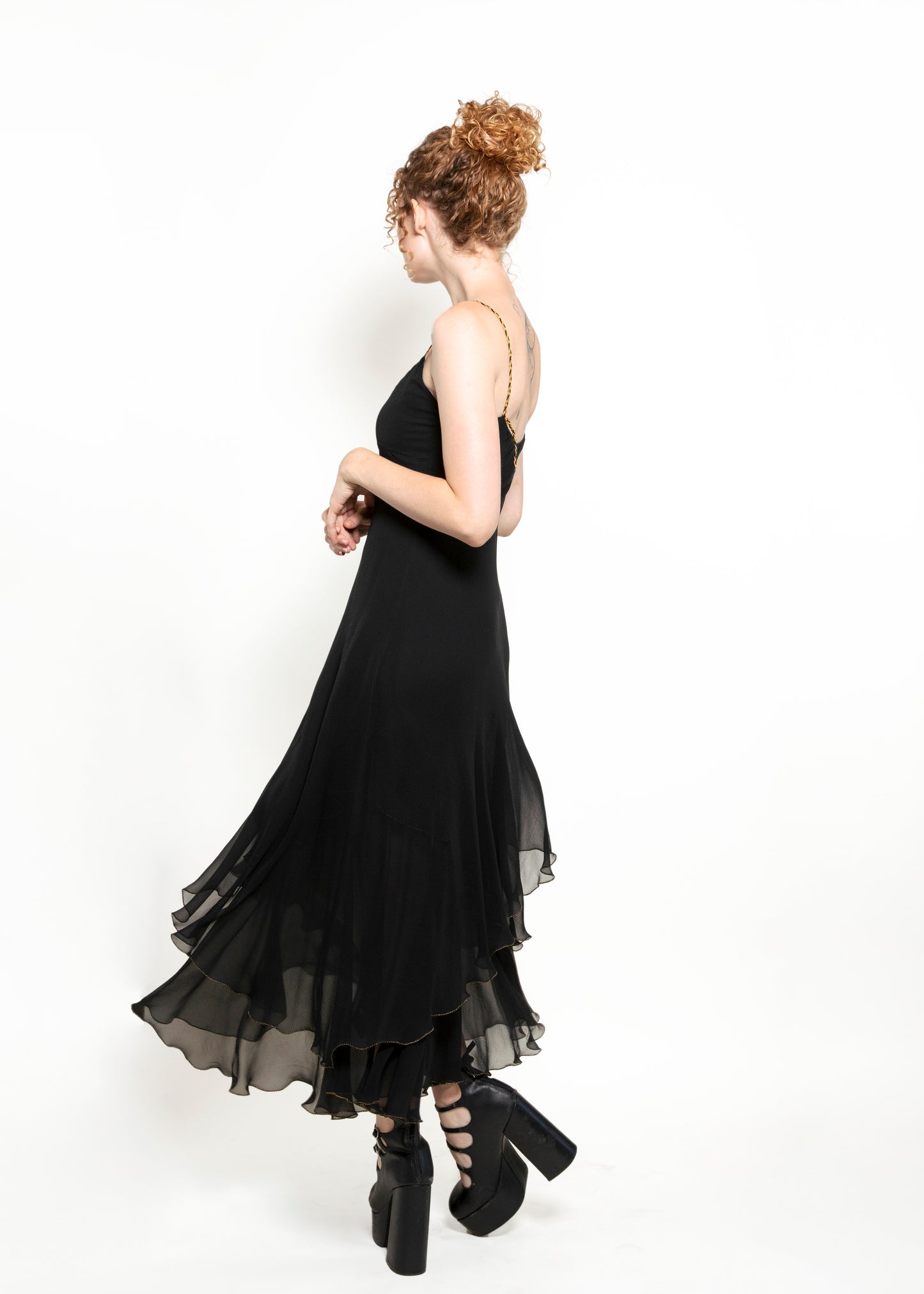 Ralph Lauren Black Silk Chiffon Dress With Gold Braided Straps