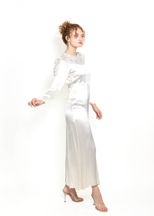 Vintage 1930s Cream Silk Long Sleeved Embroidered Gown - The Kit Vintage