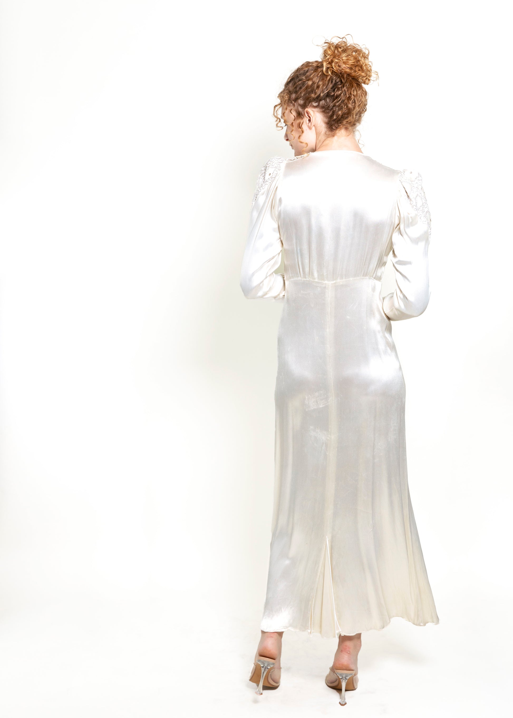 Vintage 1930s Cream Silk Long Sleeved Embroidered Gown - The Kit Vintage