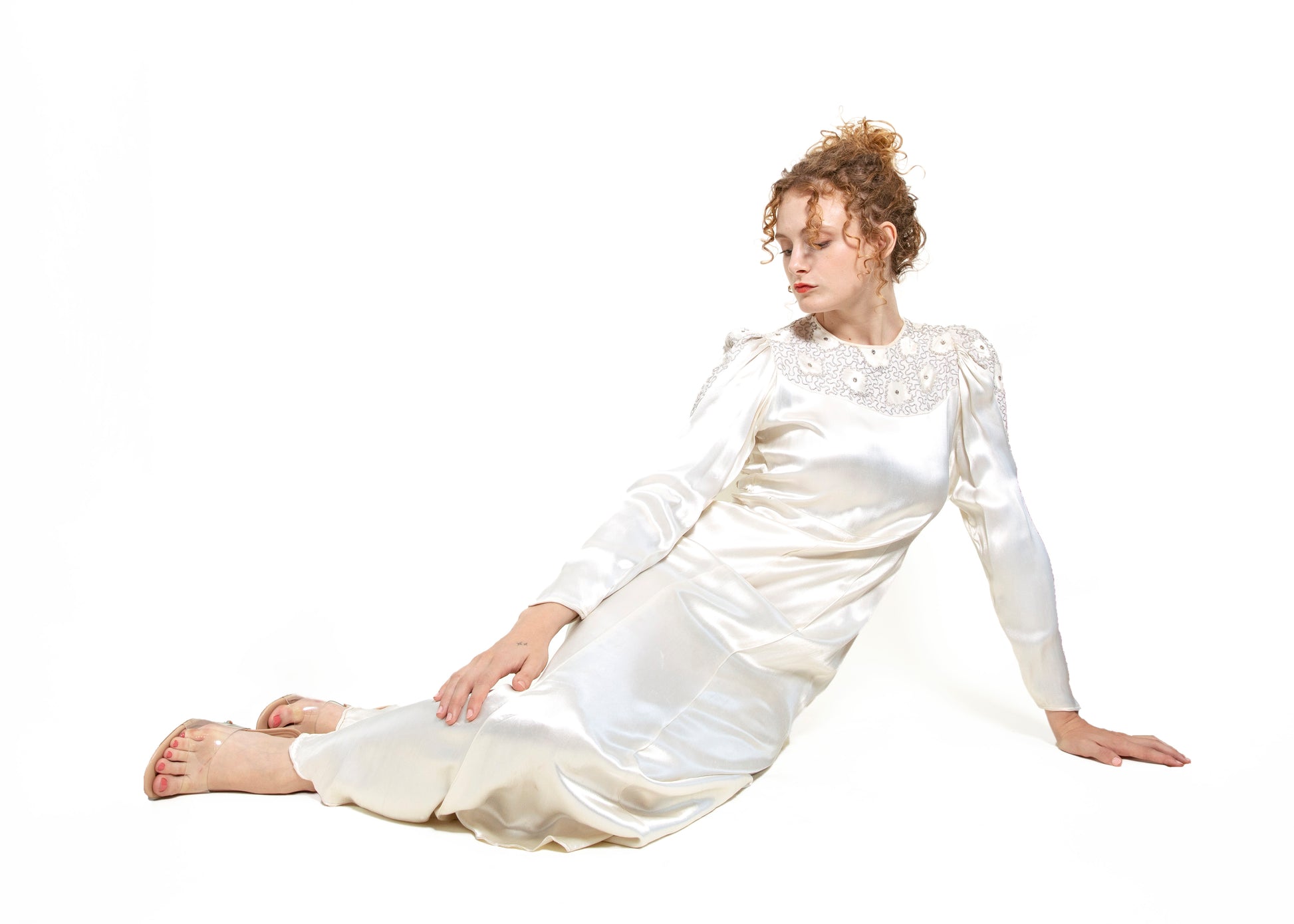 Vintage 1930s Cream Silk Long Sleeved Embroidered Gown - The Kit Vintage