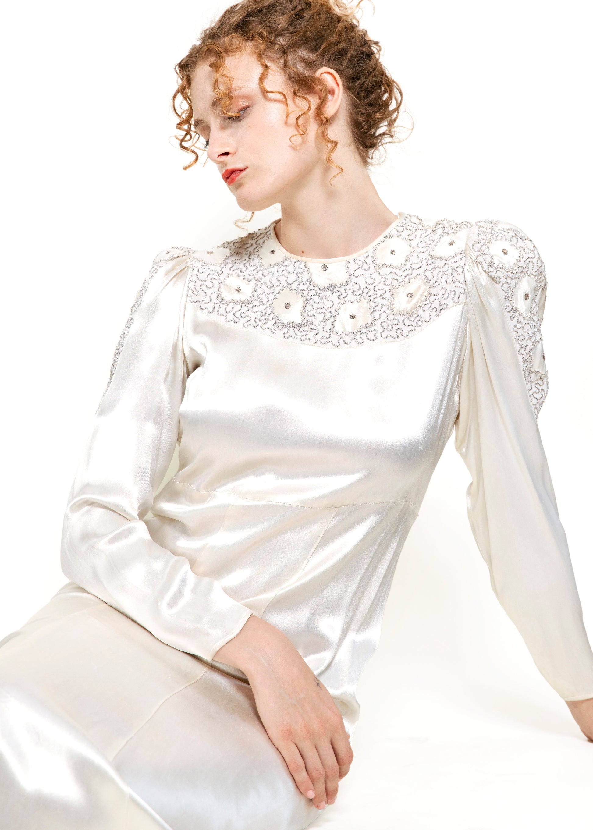 Vintage 1930s Cream Silk Long Sleeved Embroidered Gown - The Kit Vintage