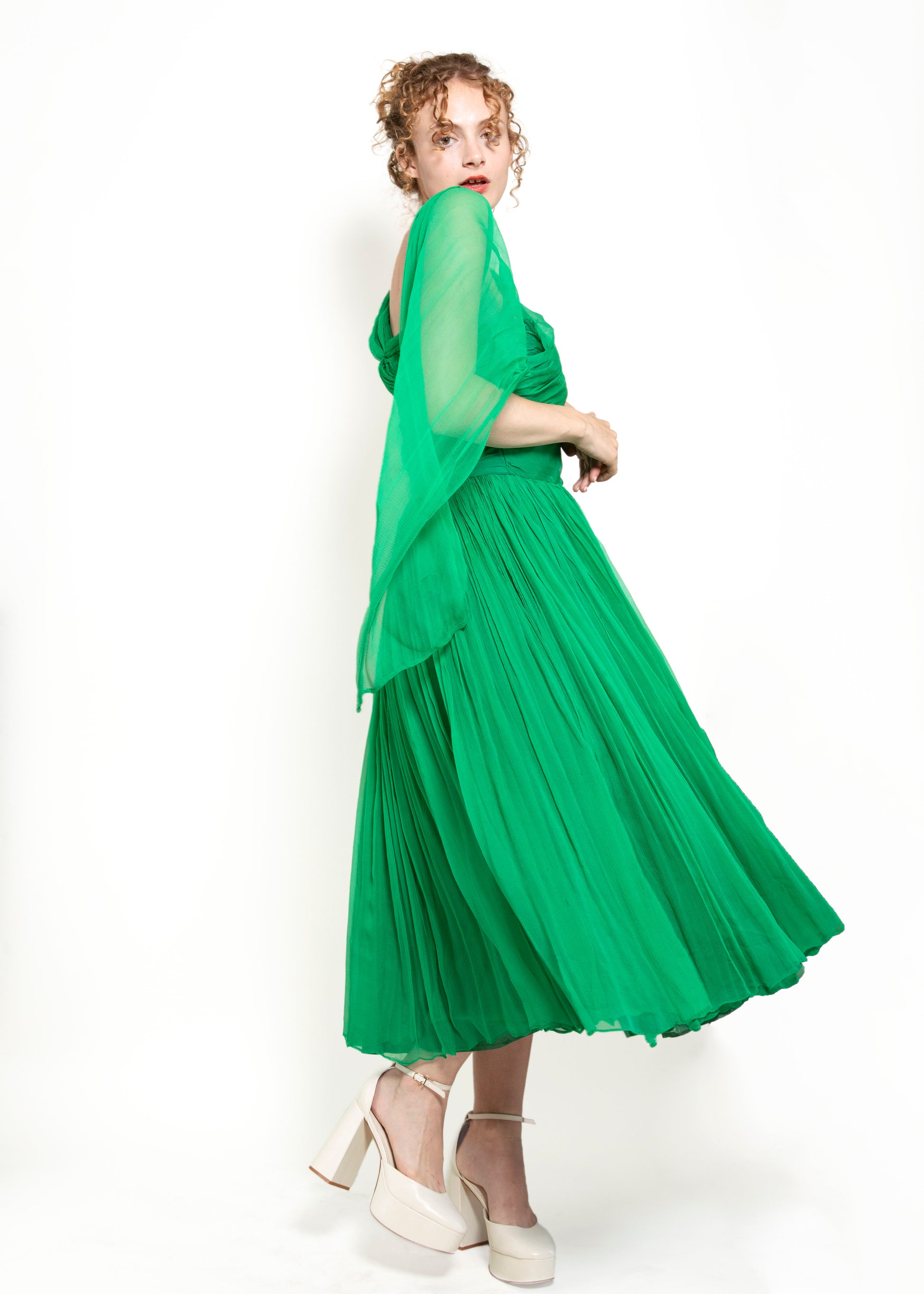 1950's Vintage Kelly Green Silk Chiffon Cocktail Dress - The Kit Vintage