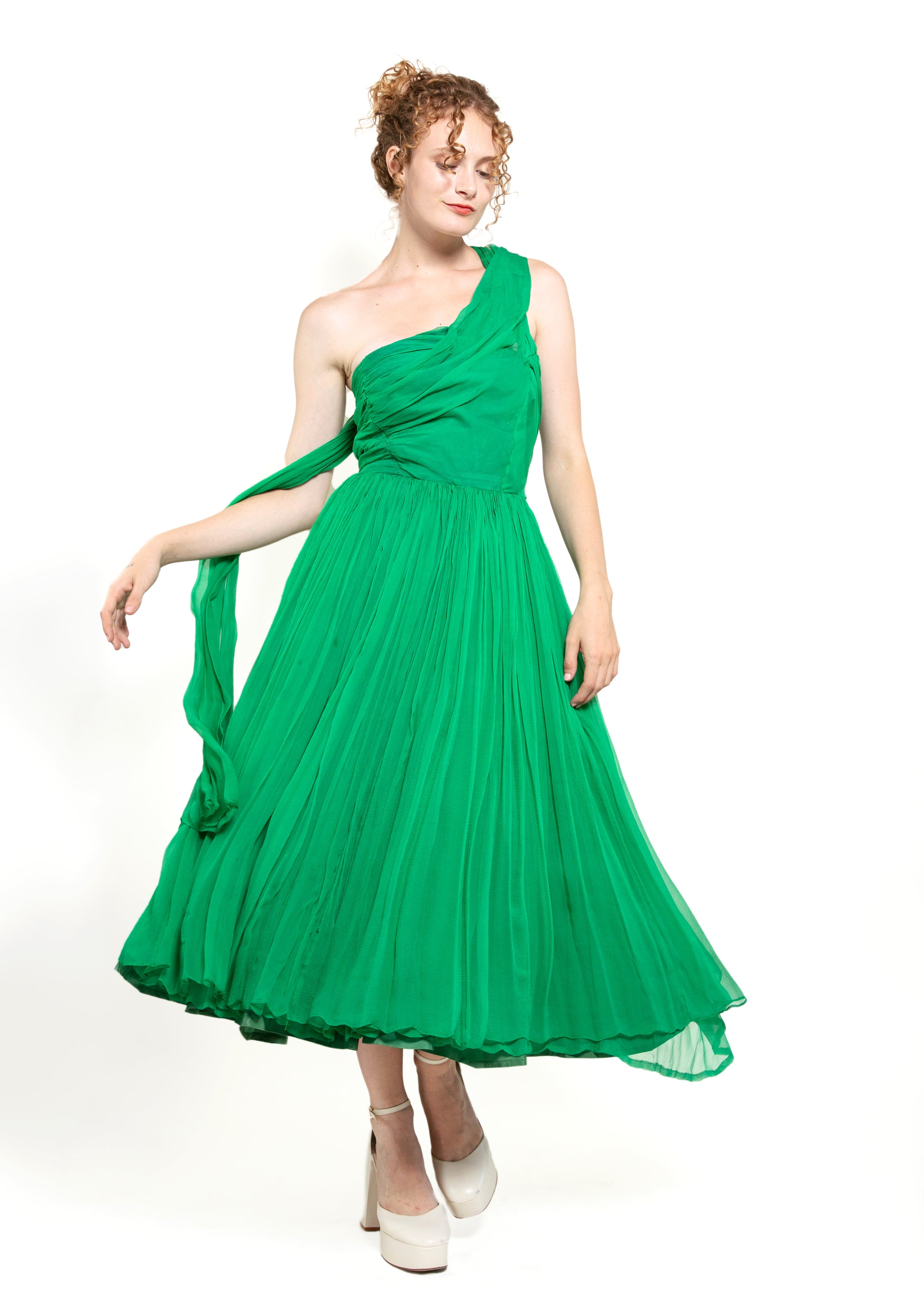 1950's Vintage Kelly Green Silk Chiffon Cocktail Dress - The Kit Vintage