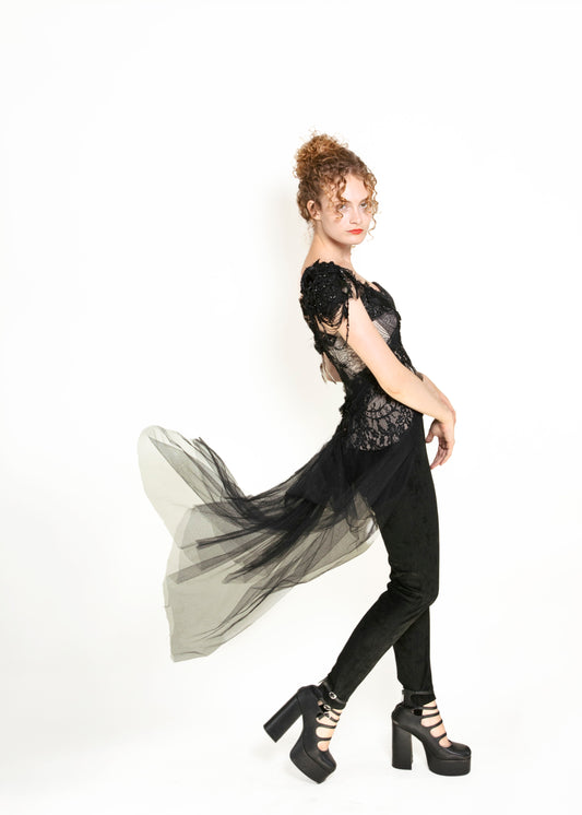 Les Habitudes Black & Champagne Beaded Tulle Corset - The Kit Vintage