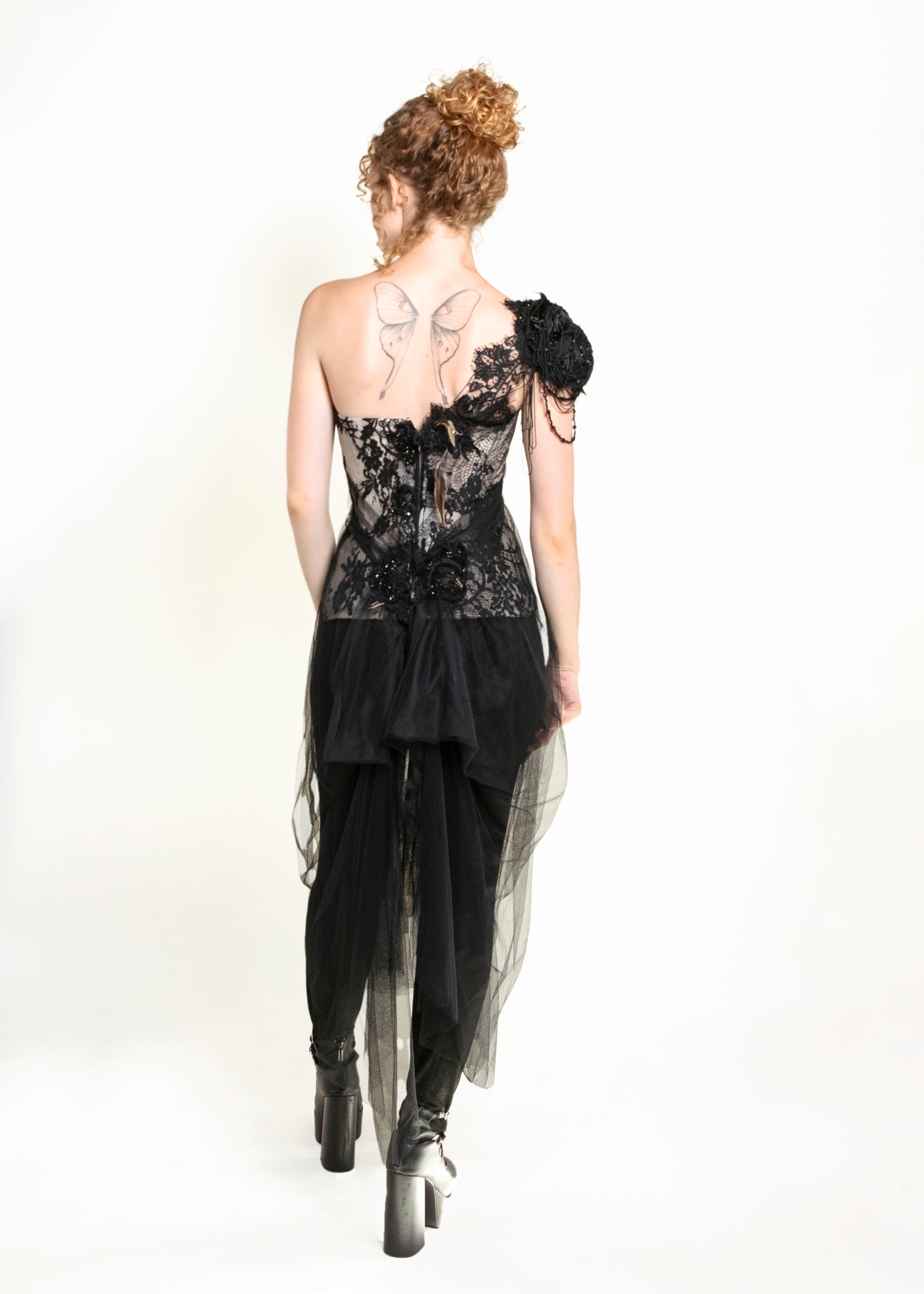 Les Habitudes Black & Champagne Beaded Tulle Corset - The Kit Vintage