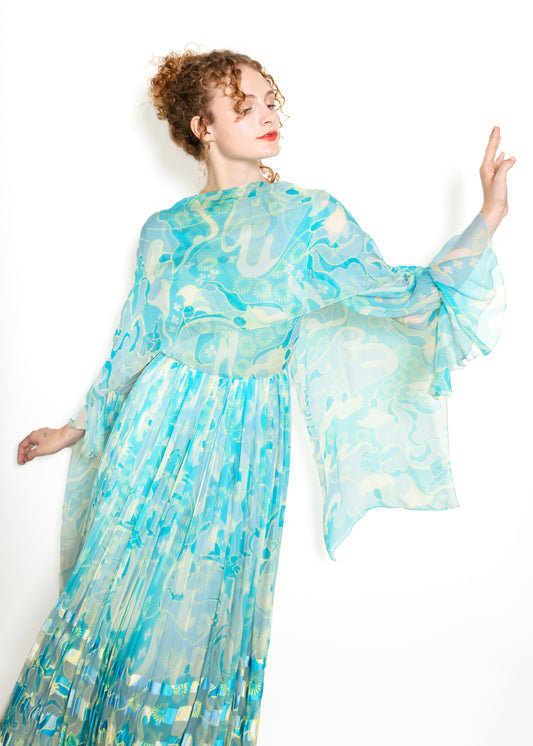 Vintage 1970's Blue Silk Printed Chiffon Dress - The Kit Vintage