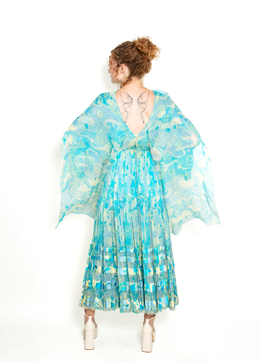 Vintage 1970's Blue Silk Printed Chiffon Dress - The Kit Vintage