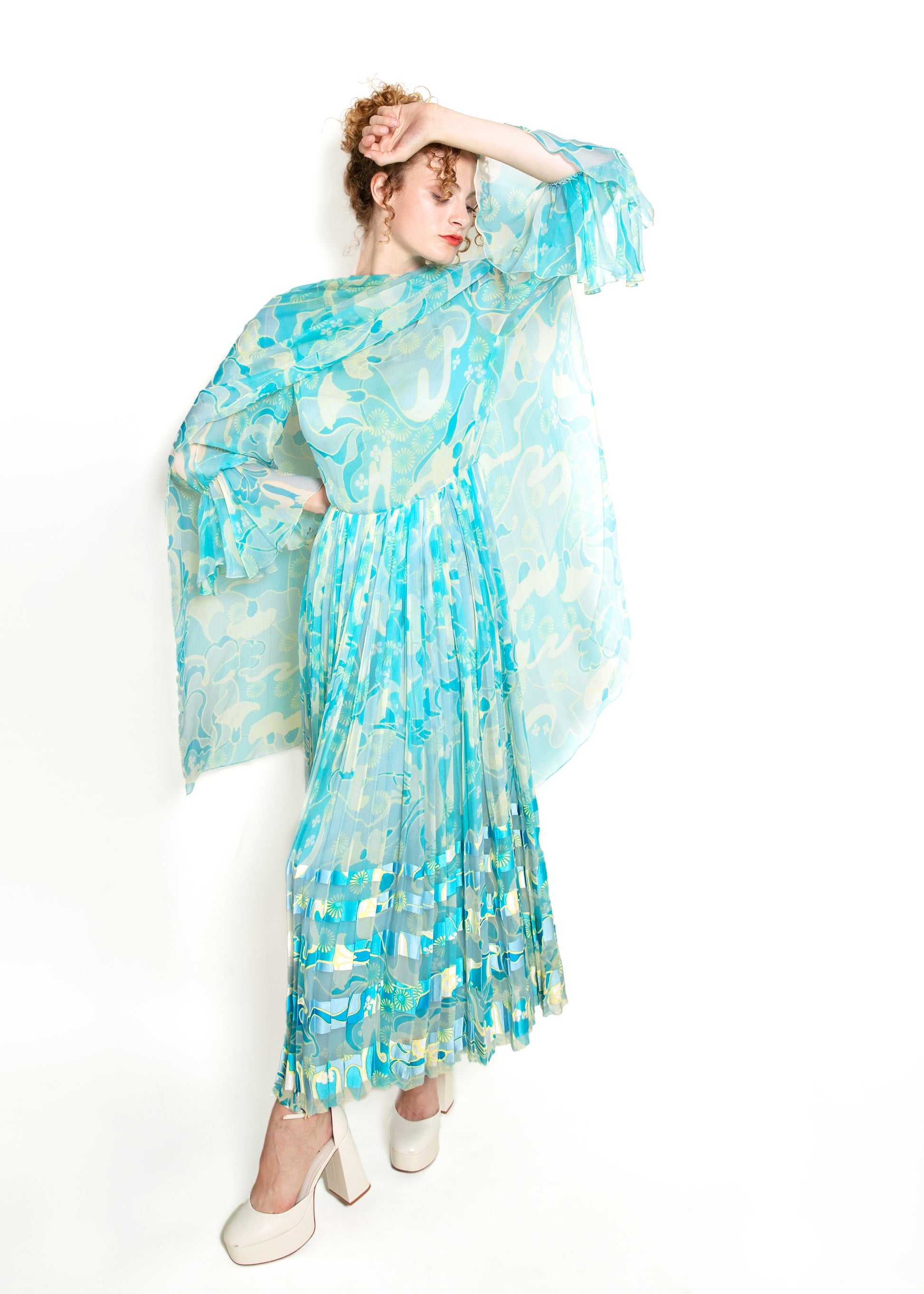 Vintage 1970's Blue Silk Printed Chiffon Dress - The Kit Vintage