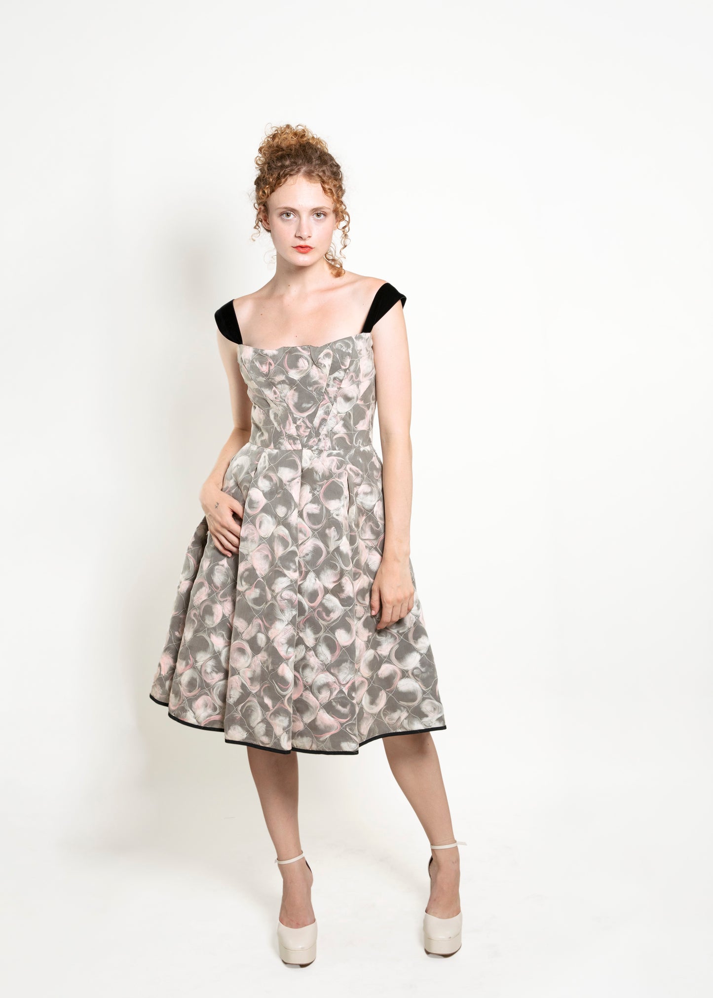 Louis Vuitton Fall 2010 Ivory , Pink & Black Feather Silk Quilted Cocktail Dress front view