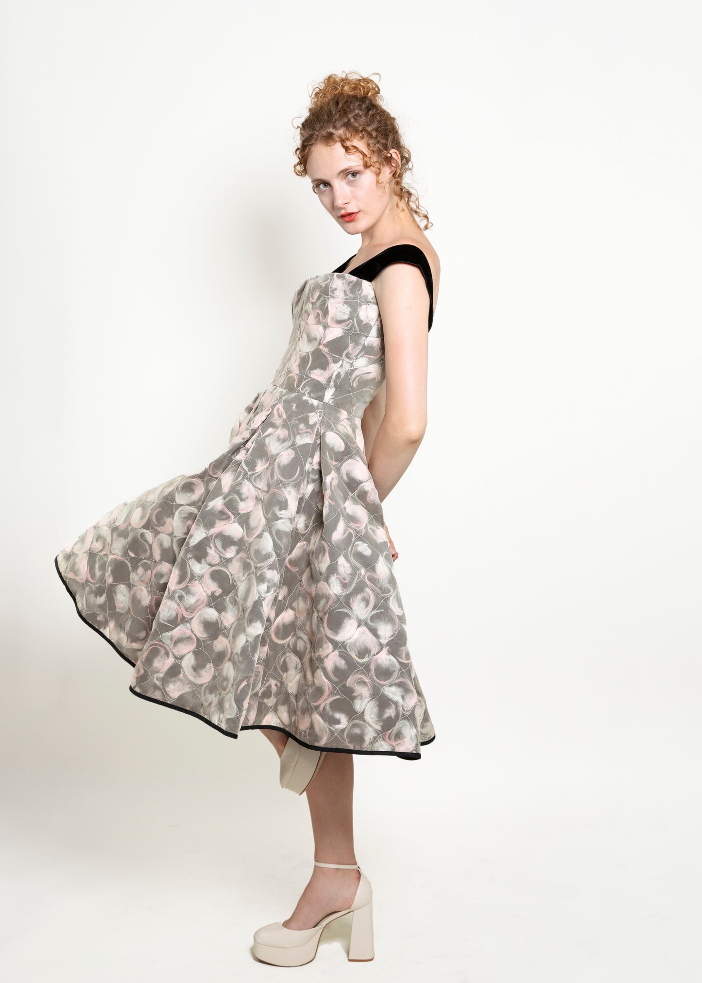 Louis Vuitton Fall 2010 Ivory , Pink & Black Feather Silk Quilted Cocktail Dress side view