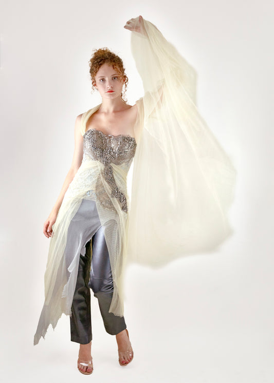 Trash Couture Paris Cream beaded Silk Tulle Corset - The Kit Vintage