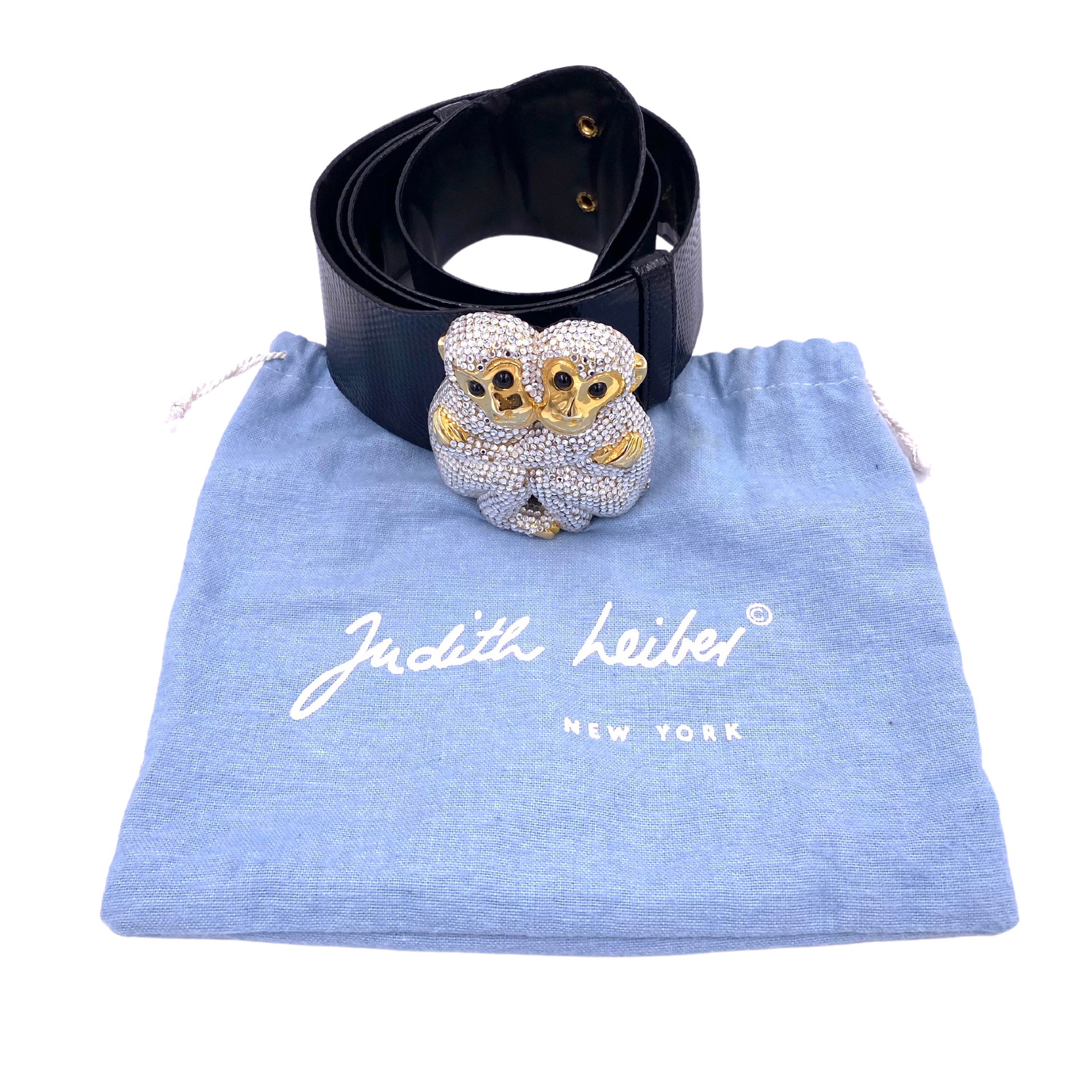 Judith Leiber Crystal Monkeys Buckle Black Lizard Belt - The Kit Vintage