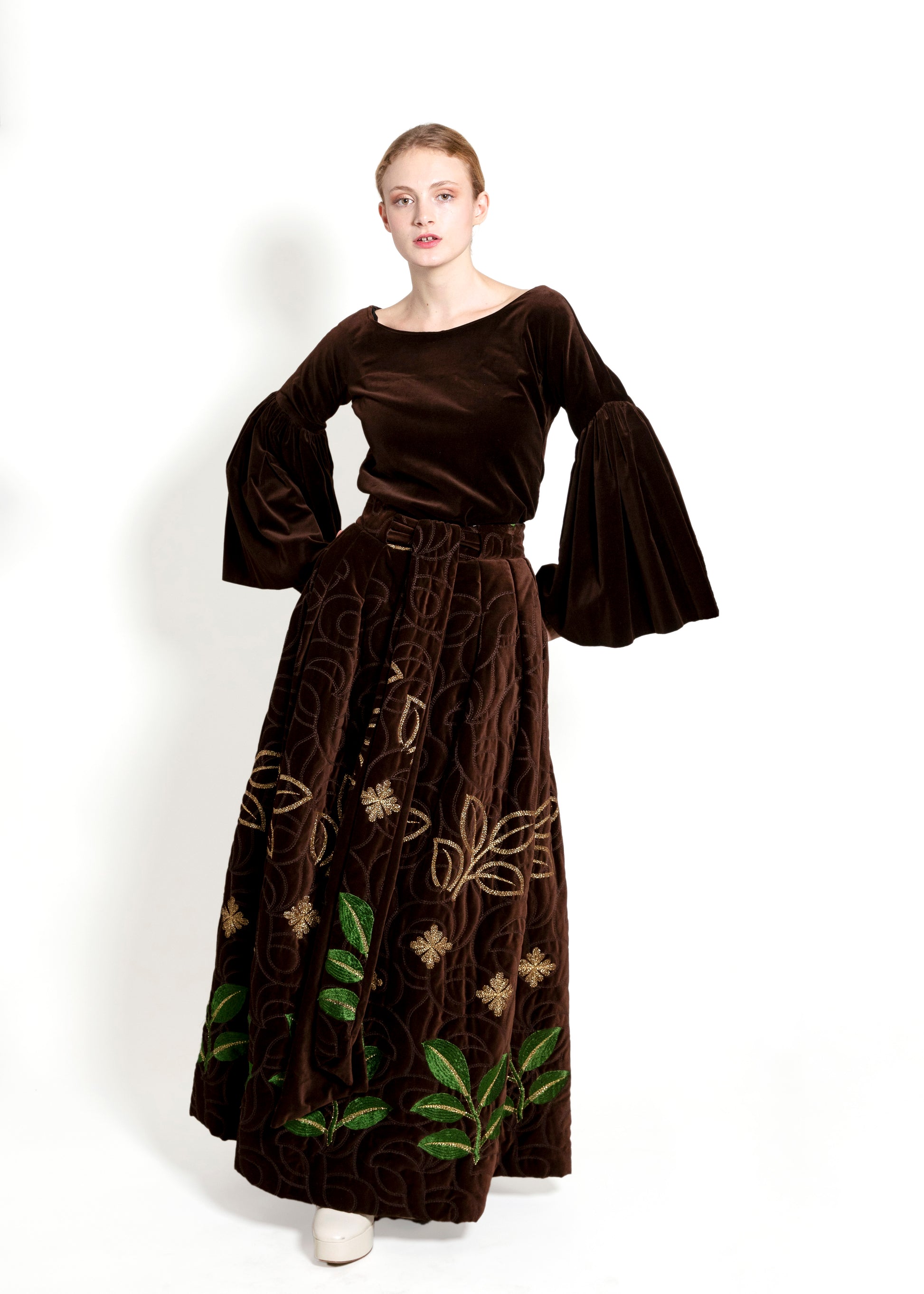 Adolfo 1969 Choc Brn Velvet Embroidered Skirt Set - The Kit Vintage