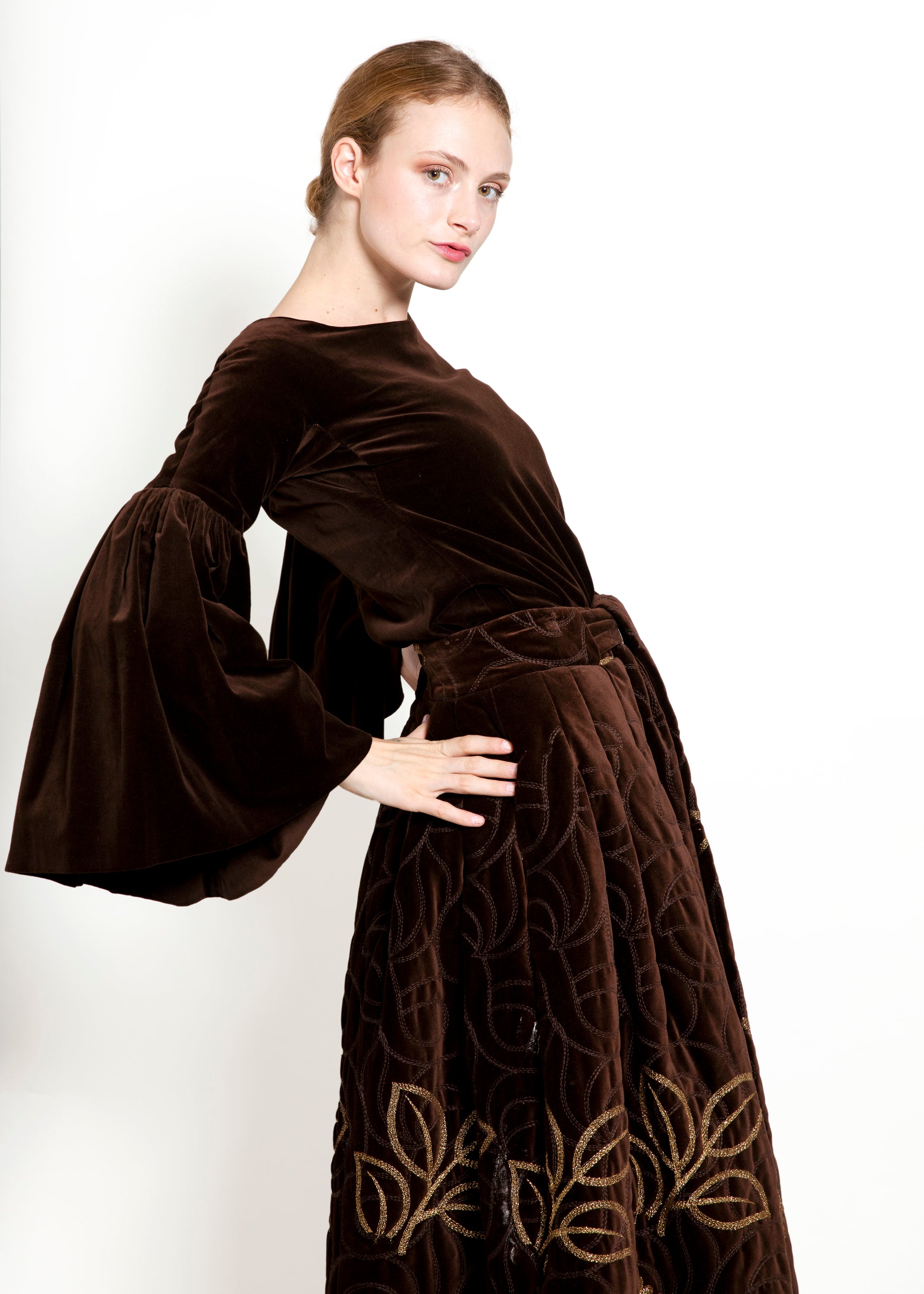 Adolfo 1969 Choc Brn Velvet Embroidered Skirt Set - The Kit Vintage